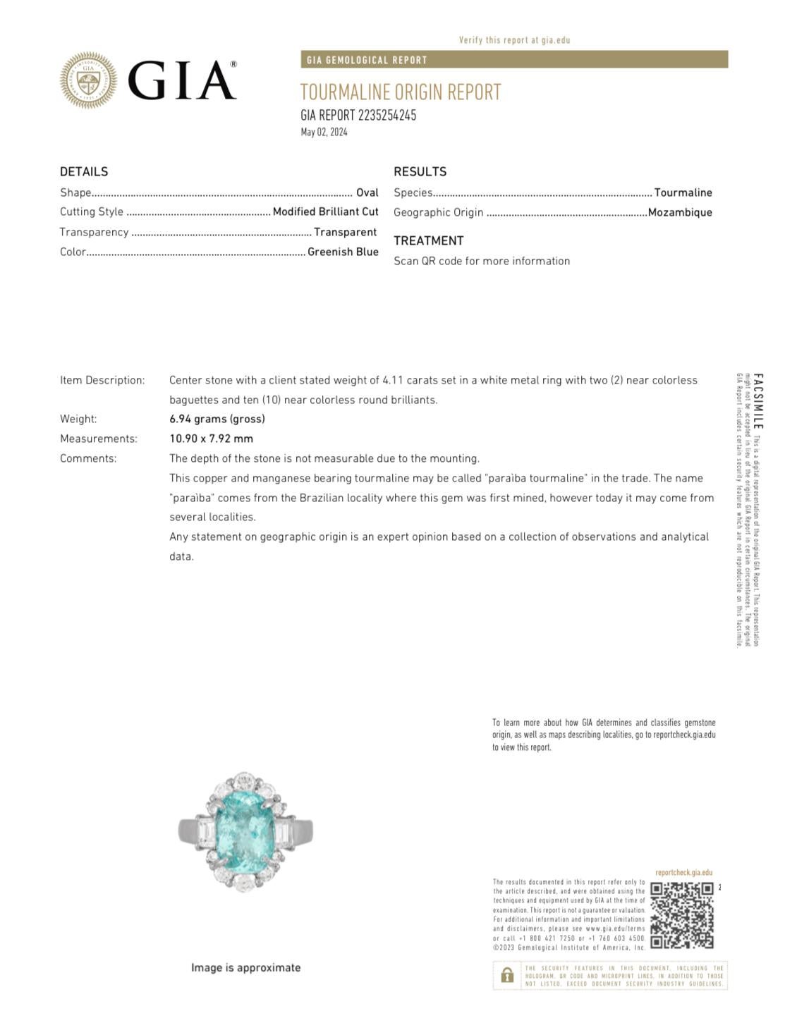 Platinum Diamond GIA Oval 4.11 Carat Paraiba Tourmaline Engagement Ring In New Condition For Sale In Los Angeles, CA