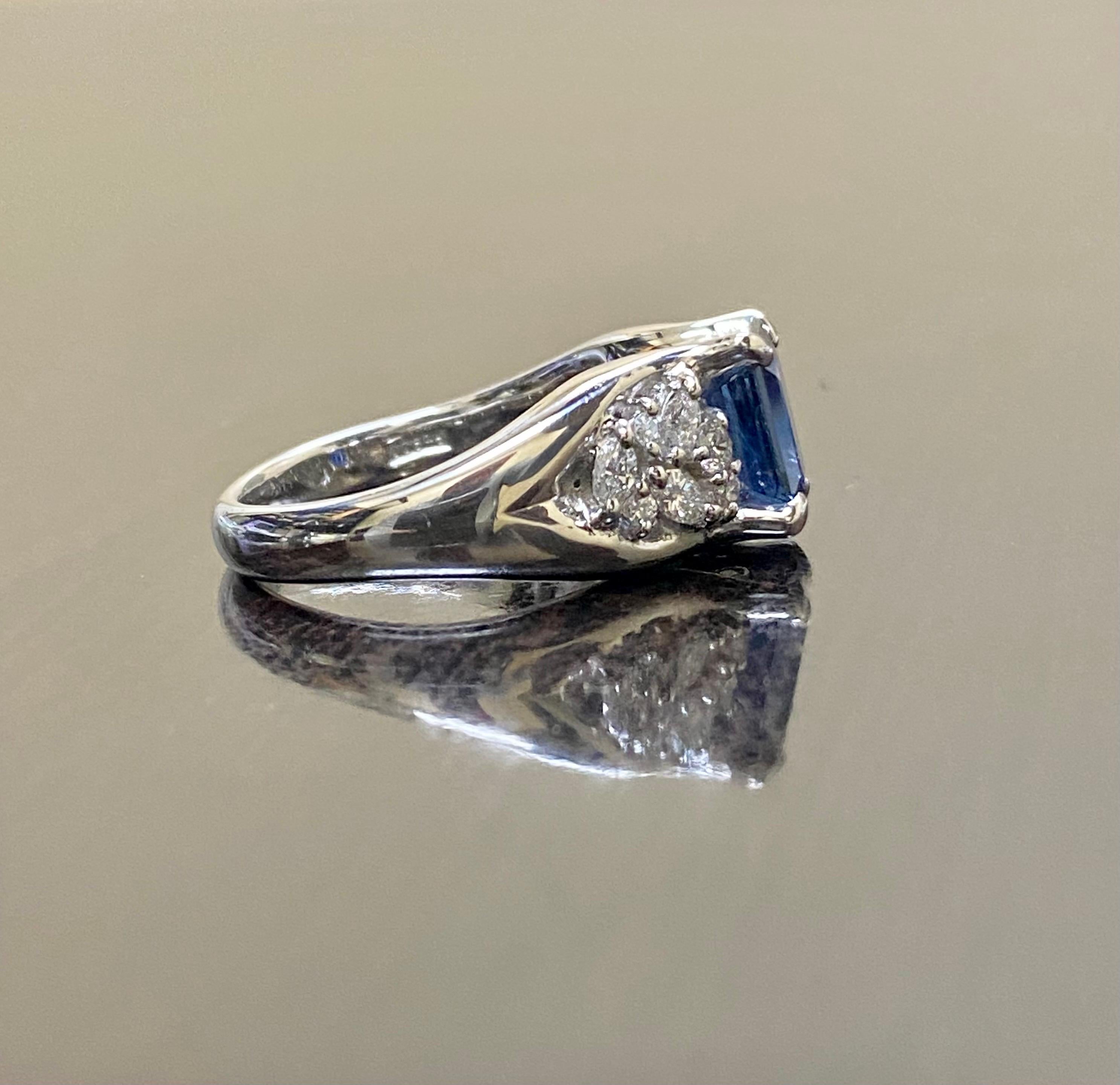 Platinum Diamond GRS 1.76 Carat Emerald Cut Blue Sapphire Engagement Ring For Sale 5