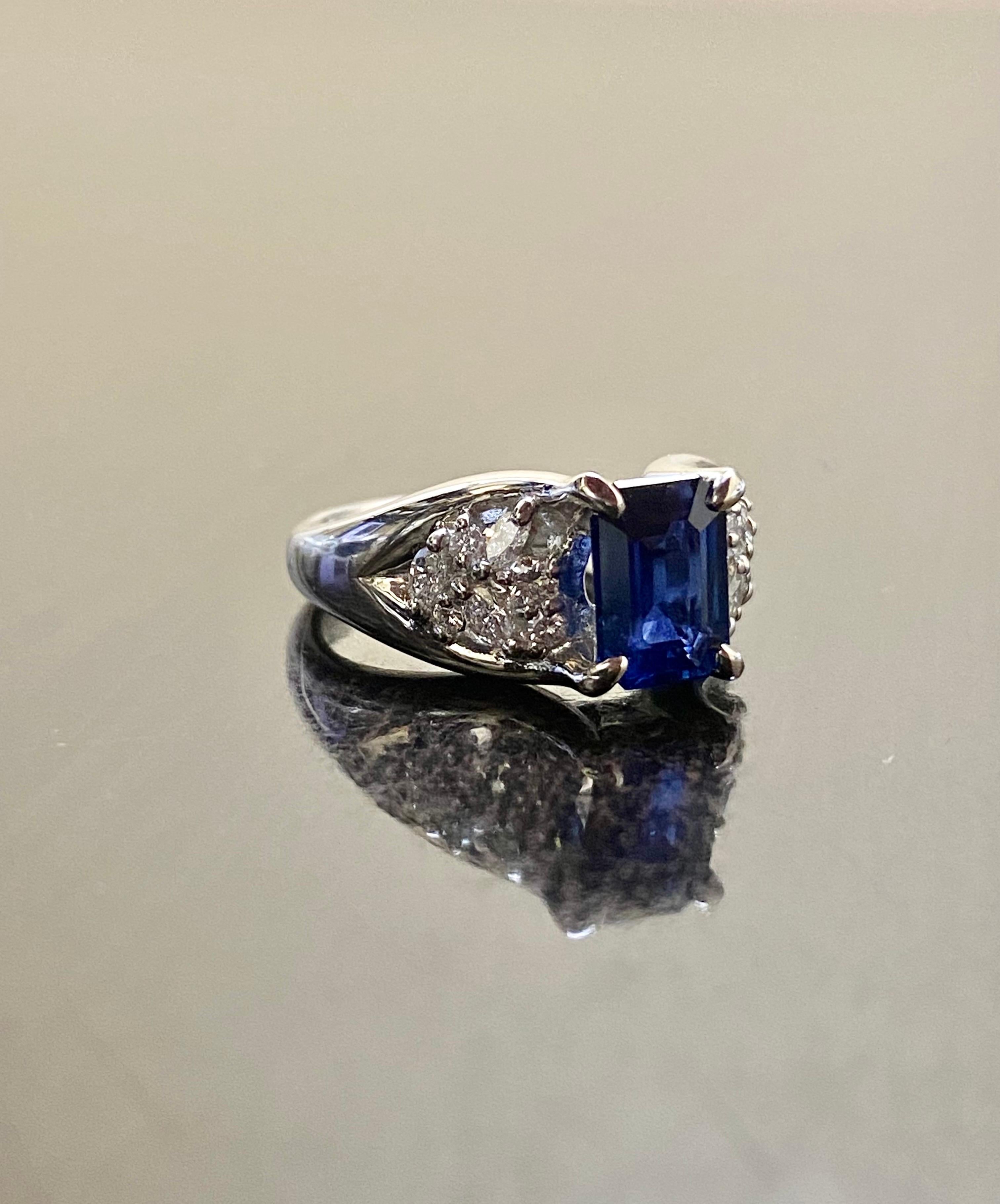 Platinum Diamond GRS 1.76 Carat Emerald Cut Blue Sapphire Engagement Ring For Sale 6