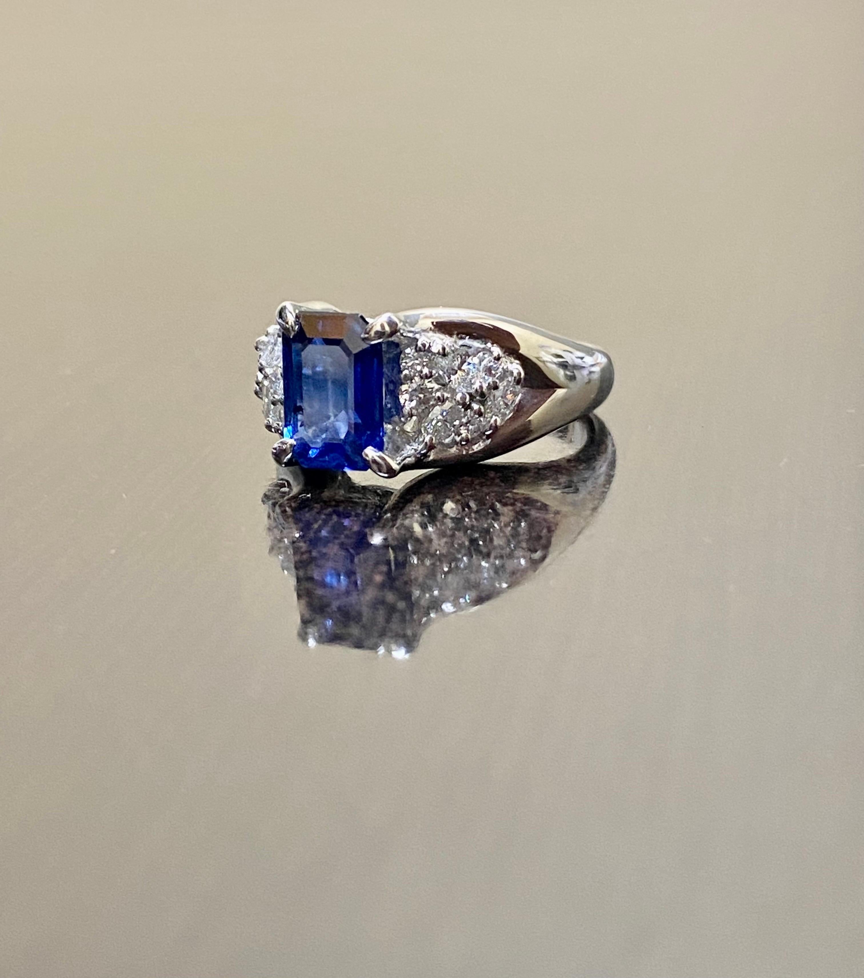 Platinum Diamond GRS 1.76 Carat Emerald Cut Blue Sapphire Engagement Ring For Sale 7