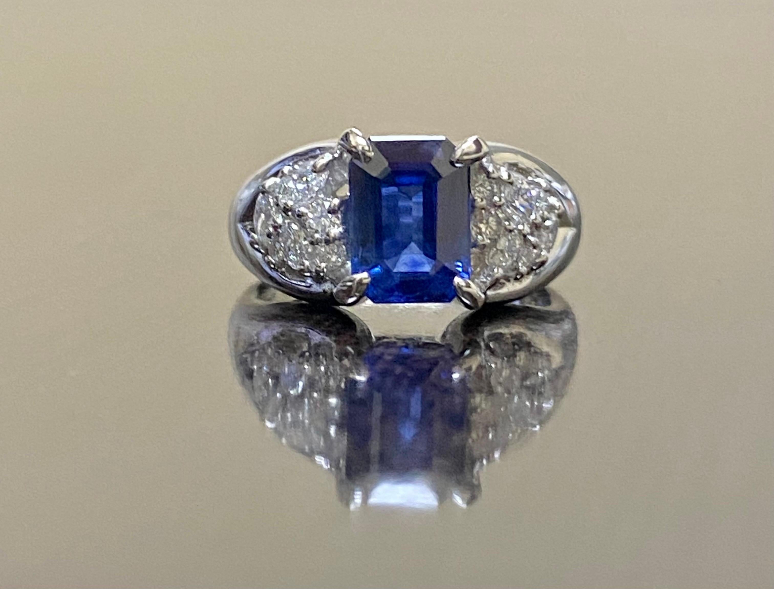 Platinum Diamond GRS 1.76 Carat Emerald Cut Blue Sapphire Engagement Ring For Sale 8