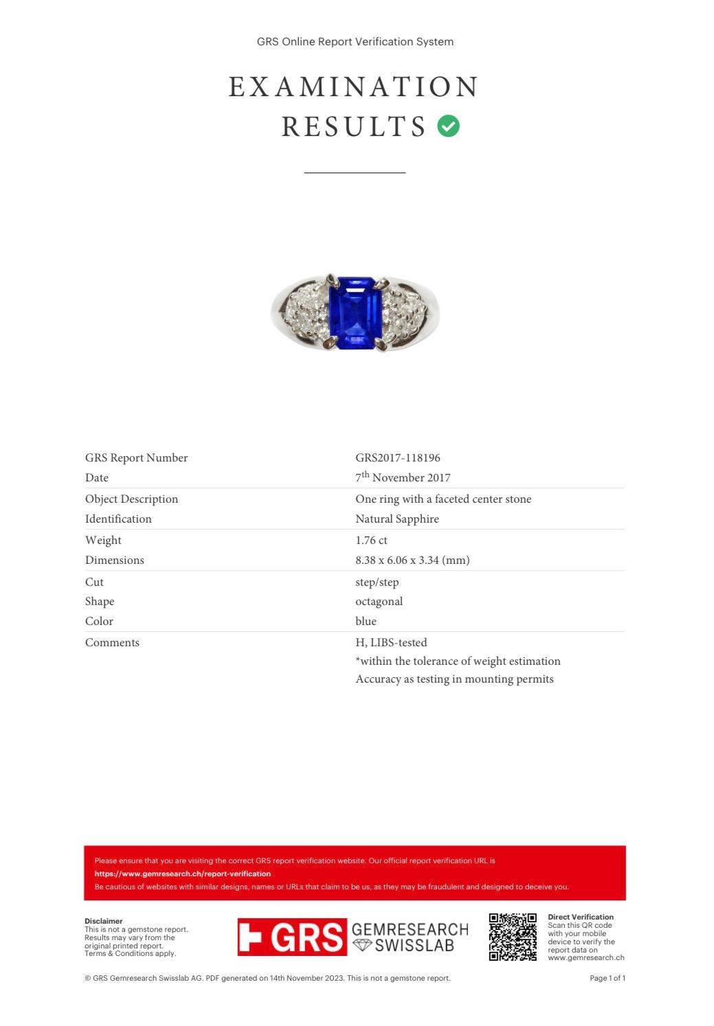 Modern Platinum Diamond GRS 1.76 Carat Emerald Cut Blue Sapphire Engagement Ring For Sale
