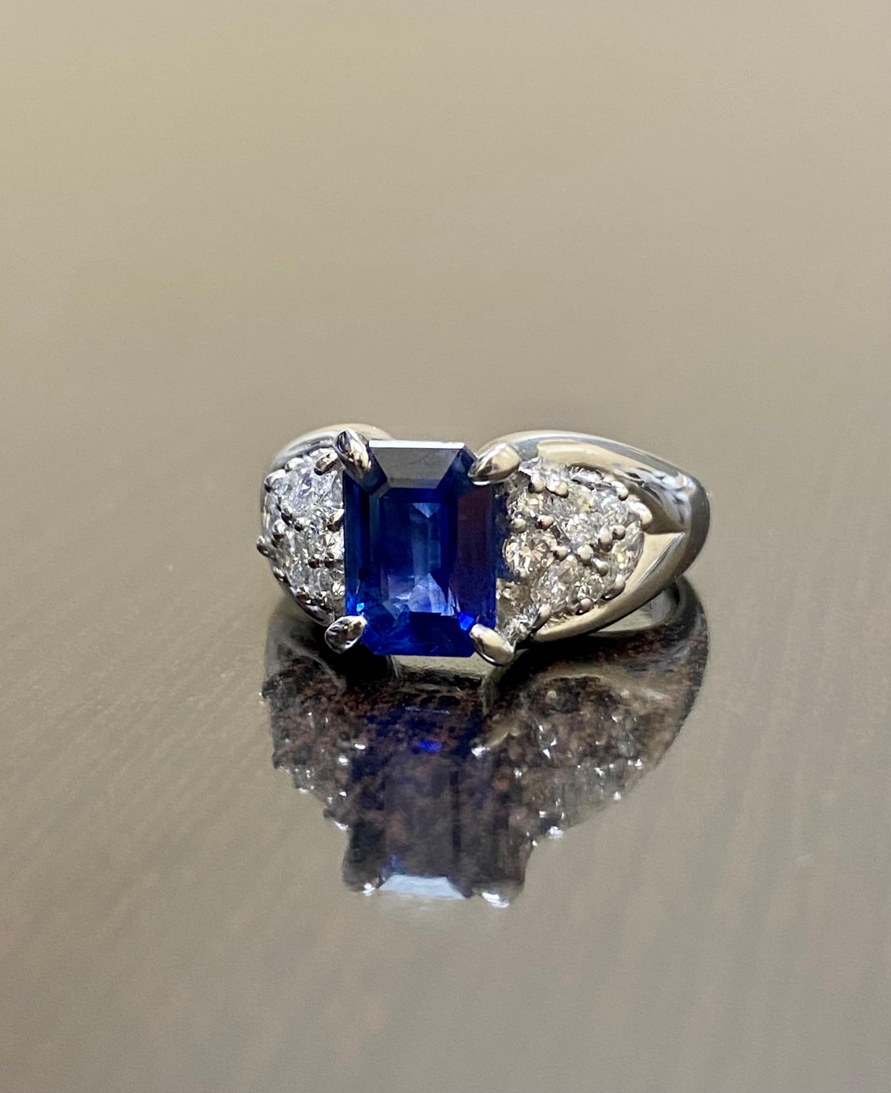 Platinum Diamond GRS 1.76 Carat Emerald Cut Blue Sapphire Engagement Ring In New Condition For Sale In Los Angeles, CA