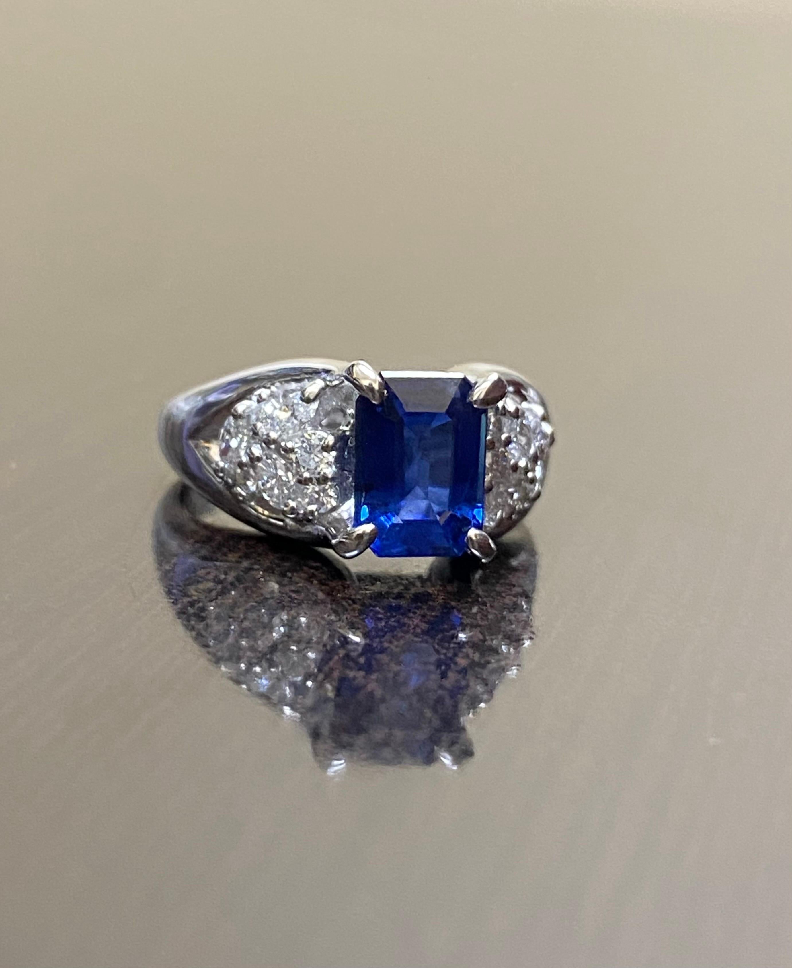Women's Platinum Diamond GRS 1.76 Carat Emerald Cut Blue Sapphire Engagement Ring For Sale