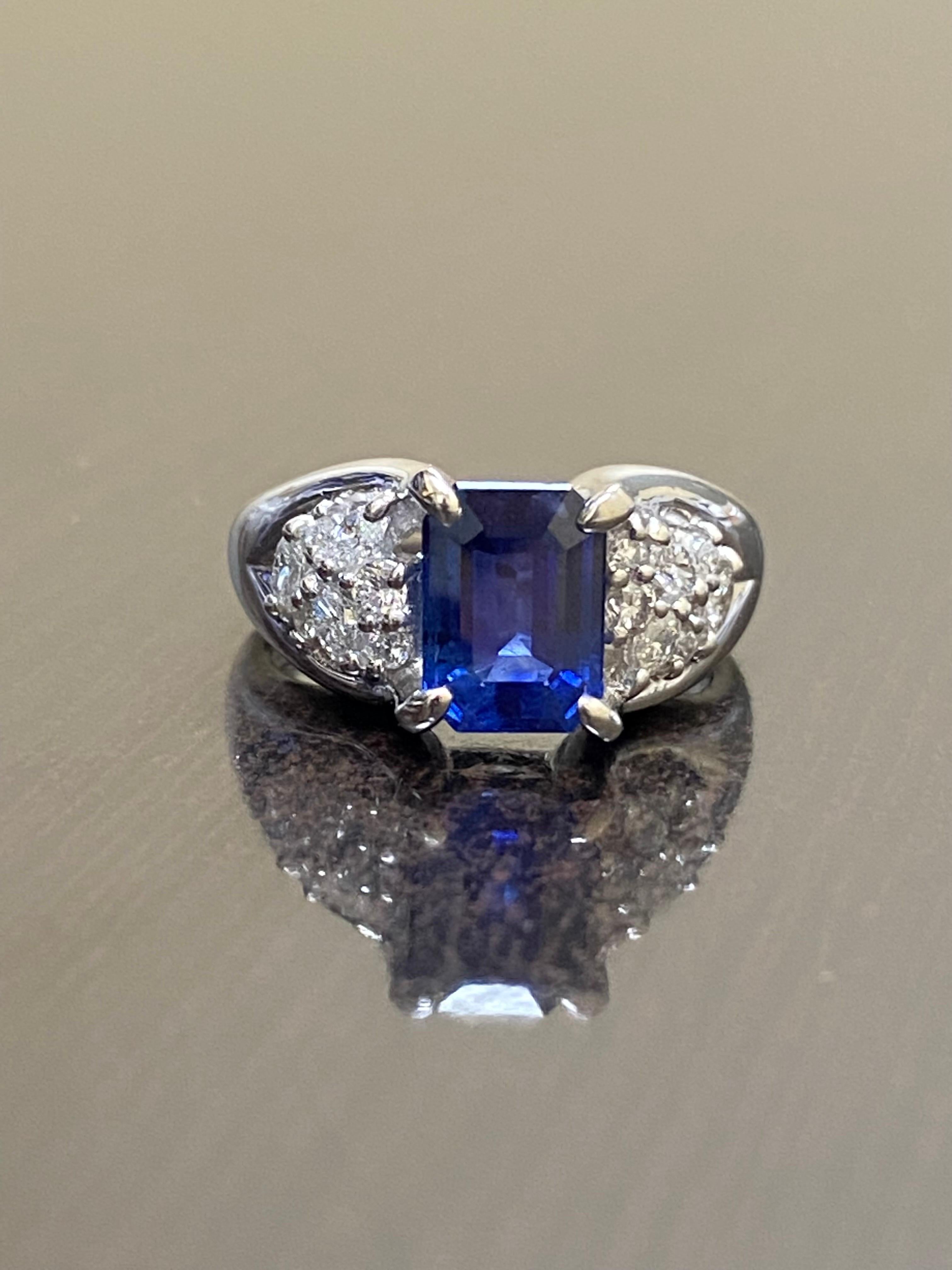 Platinum Diamond GRS 1.76 Carat Emerald Cut Blue Sapphire Engagement Ring For Sale 1