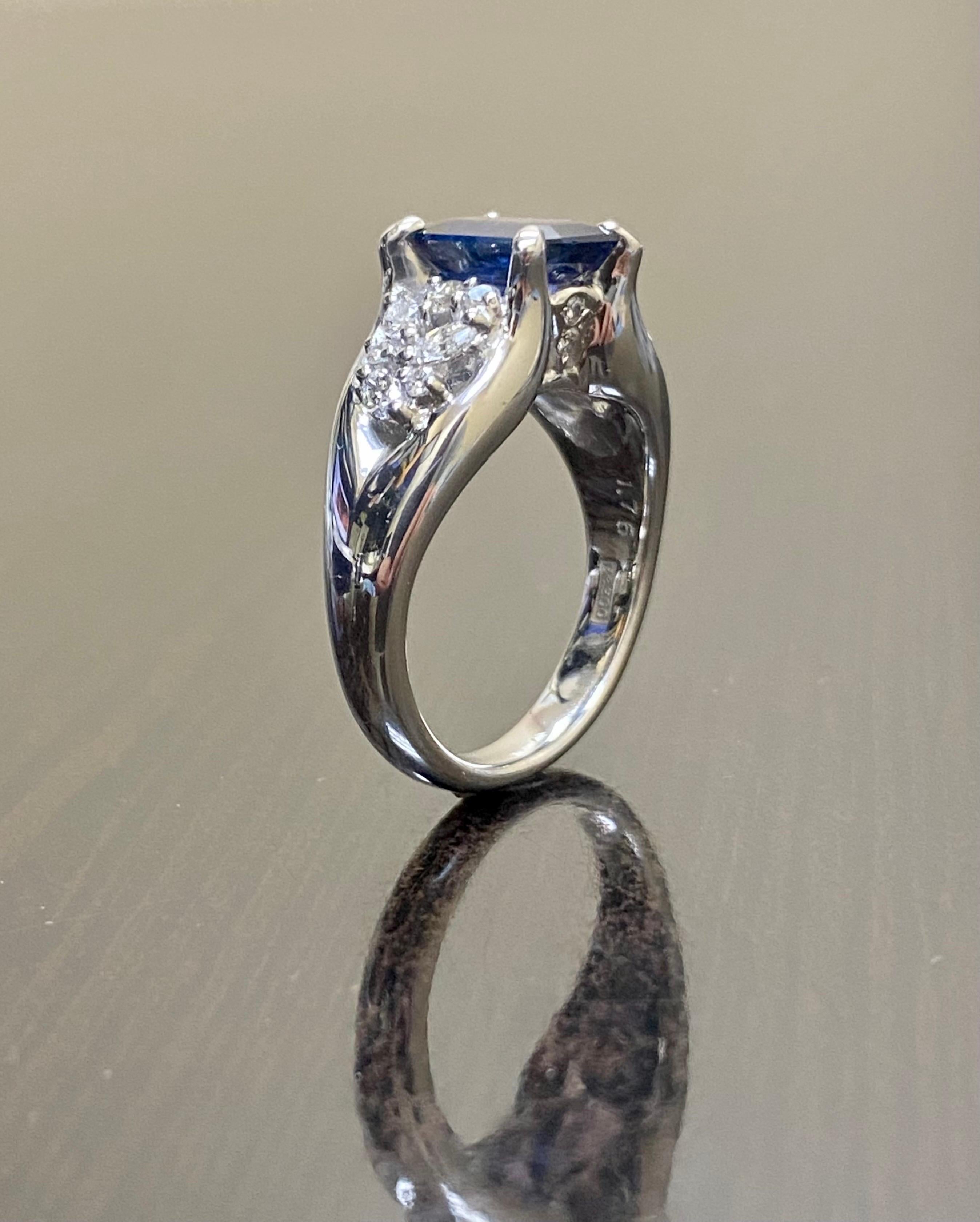 Platinum Diamond GRS 1.76 Carat Emerald Cut Blue Sapphire Engagement Ring For Sale 3