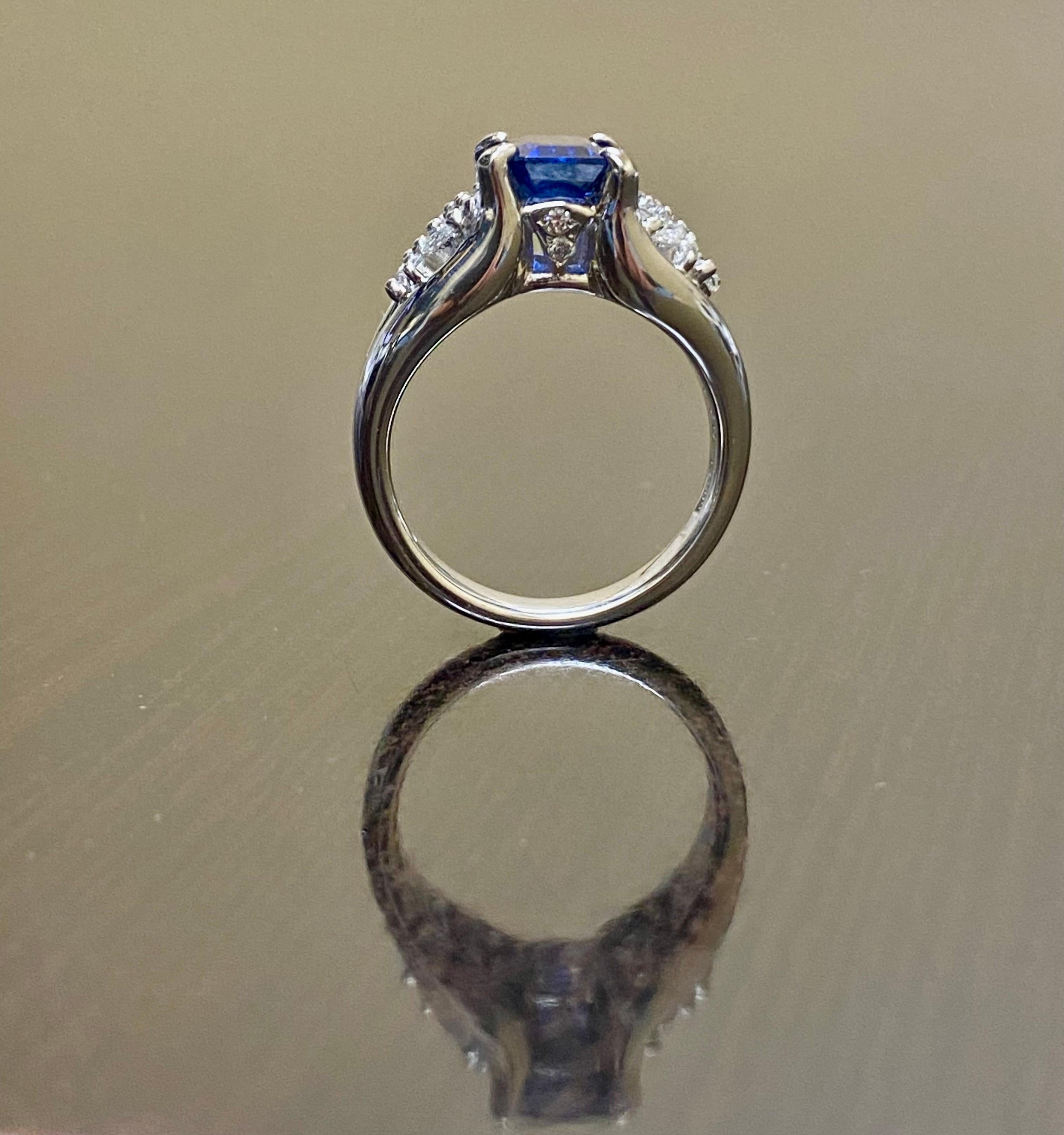 Platinum Diamond GRS 1.76 Carat Emerald Cut Blue Sapphire Engagement Ring For Sale 4