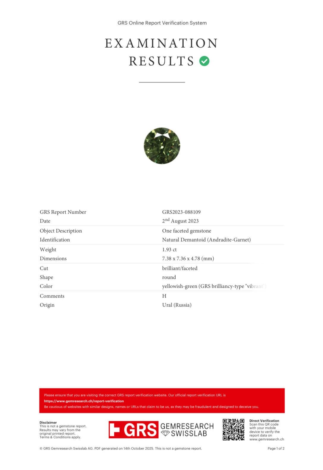 Bague de fiançailles en platine certifiée GRS 1,93 carat de grenat démantoïde rond en vente 1