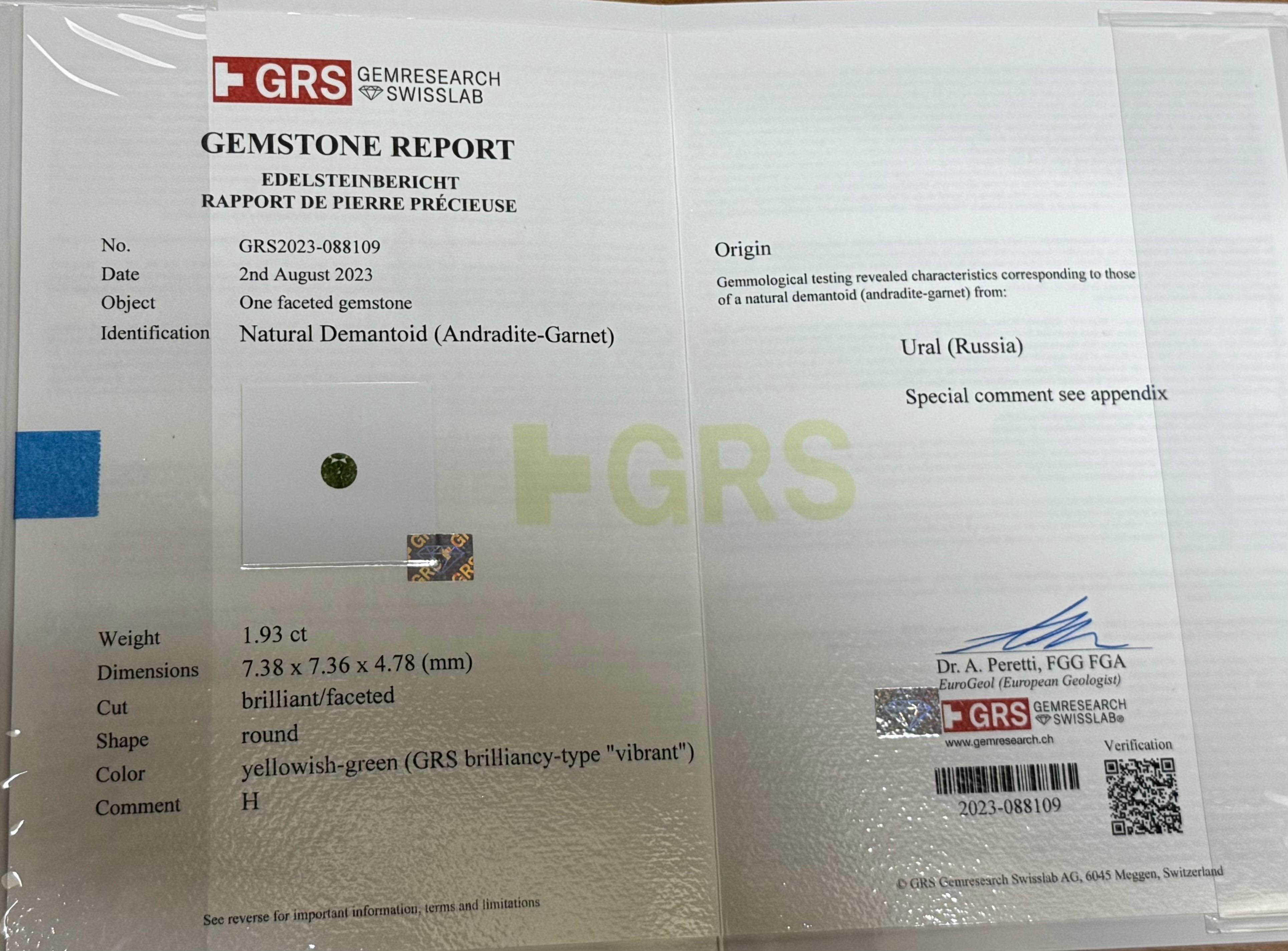 Bague de fiançailles en platine certifiée GRS 1,93 carat de grenat démantoïde rond en vente 2