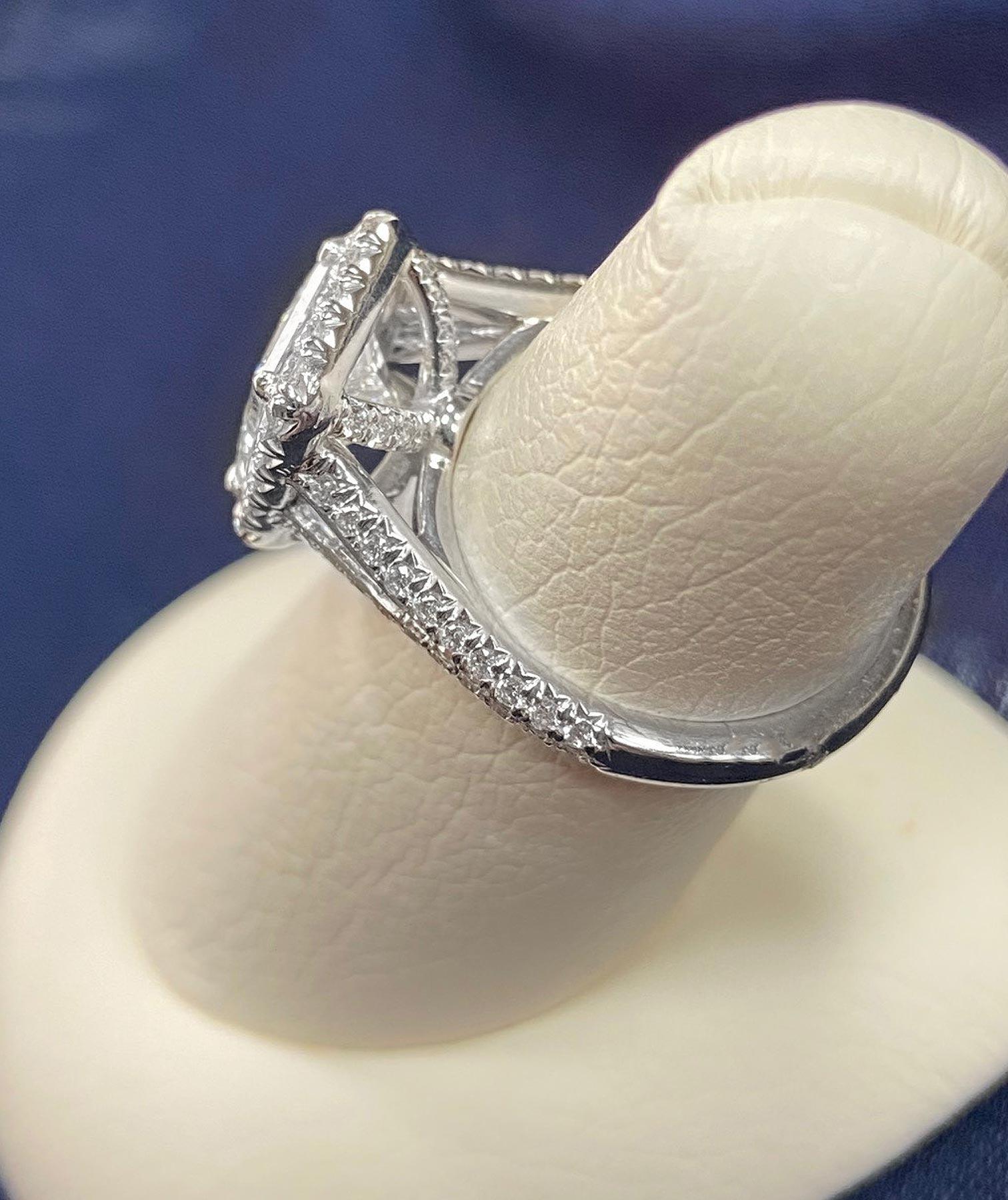 Contemporary Platinum Diamond Halo, 2.19 Ct, Princess Cut Diamond Engagement Ring For Sale