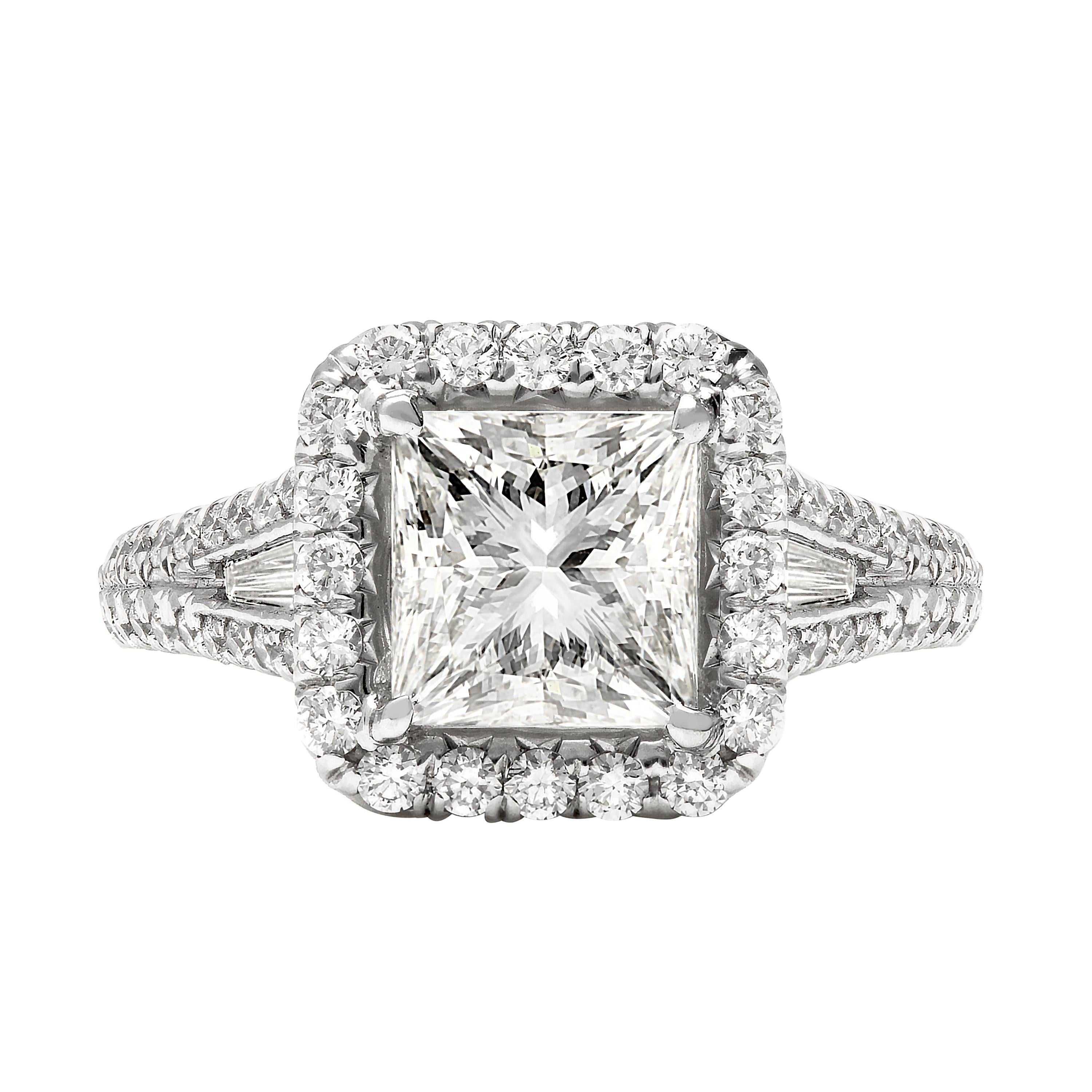 Platinum Diamond Halo, 2.19 Ct, Princess Cut Diamond Engagement Ring For Sale