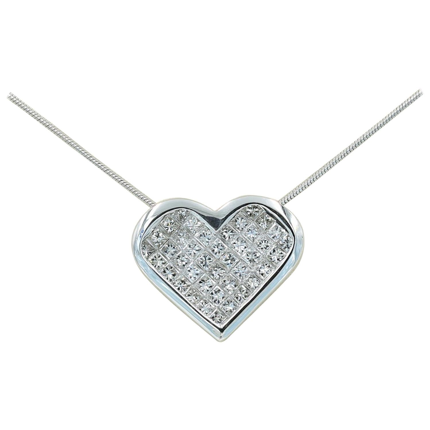 Platinum Diamond "Heart" Necklace with 40 Invisible Set Princess Cut Diamonds