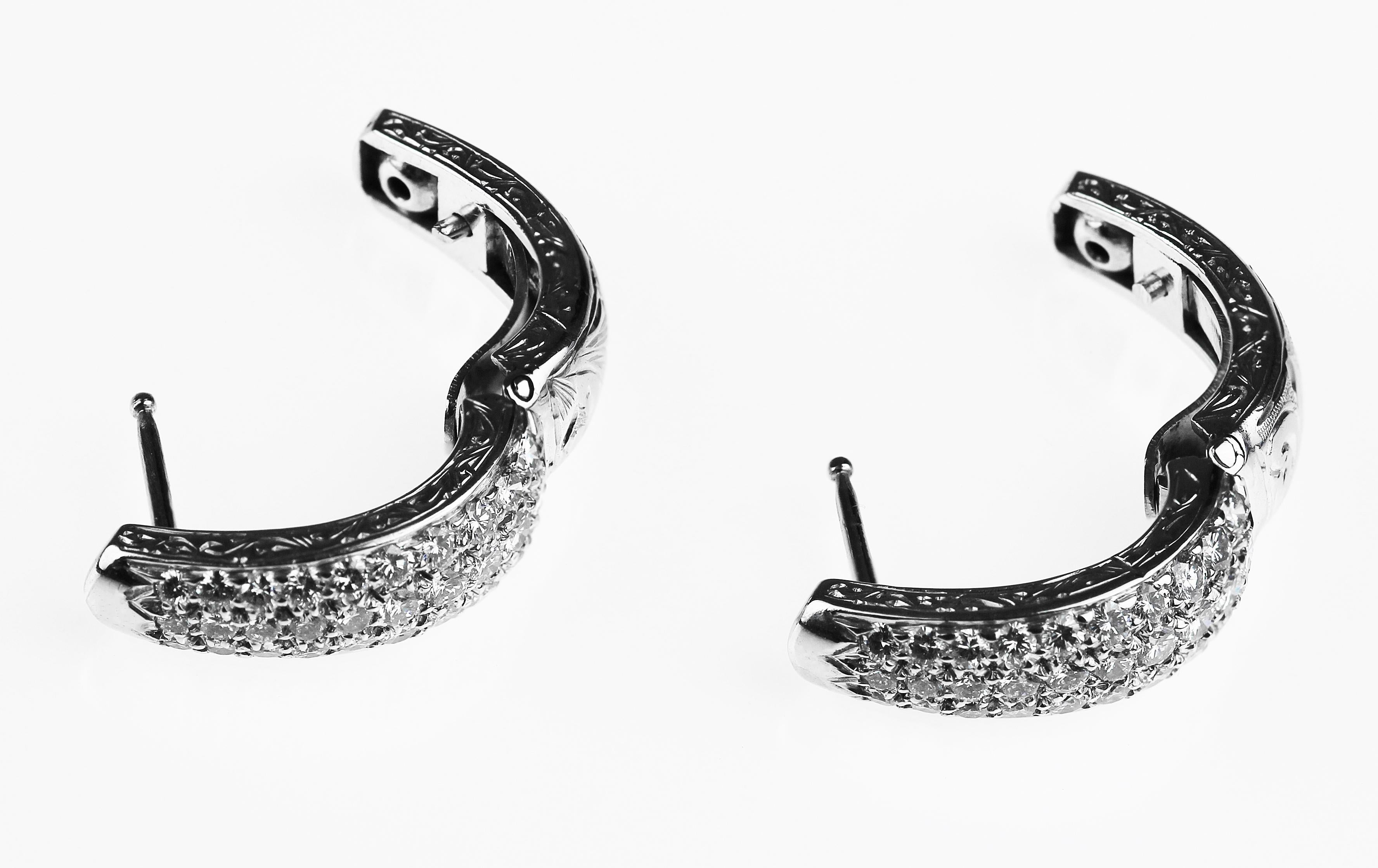 Modern Platinum Diamond Pave Set Hoop Earrings with Pin Fittings For Sale