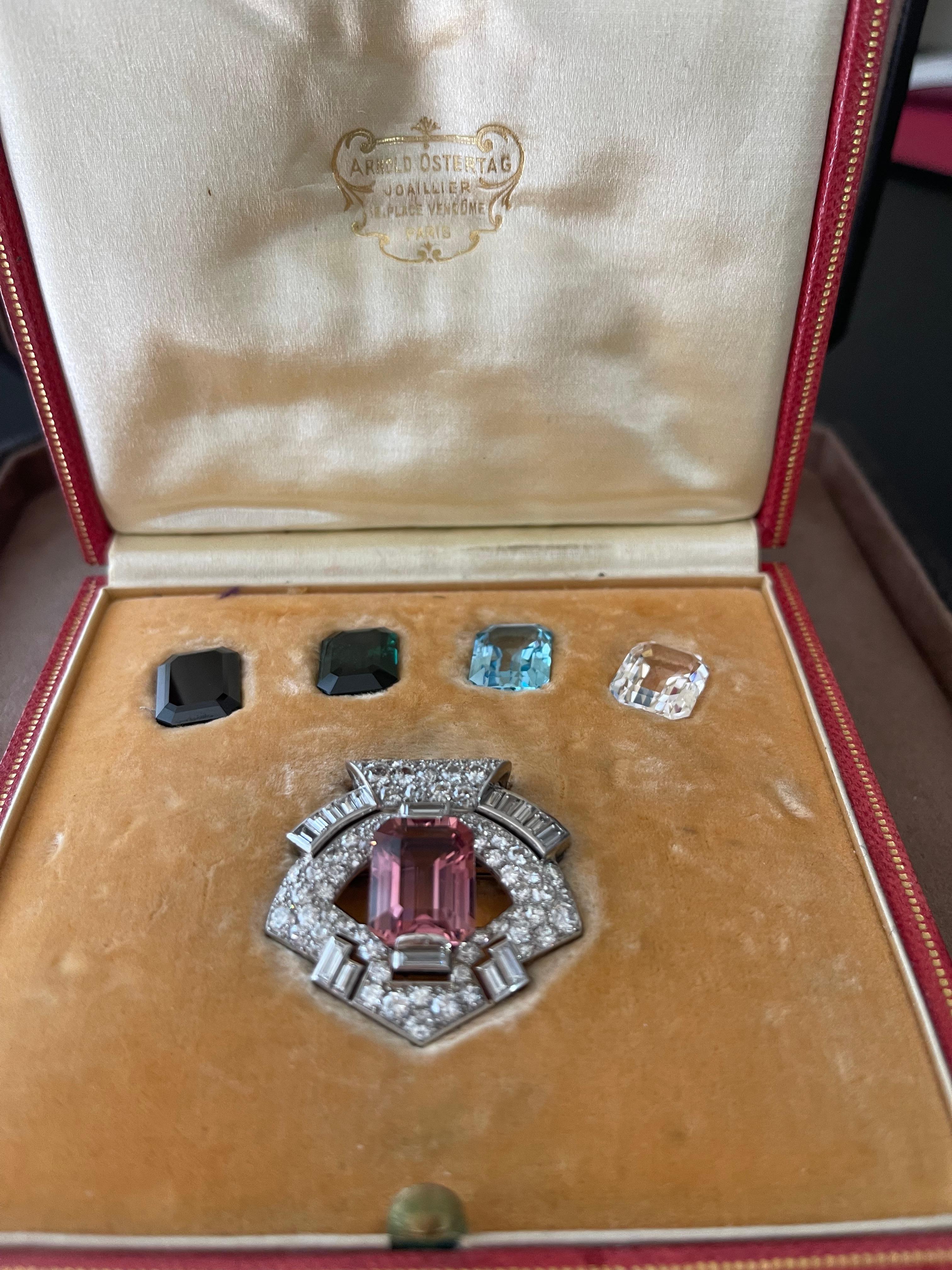 Platinum Diamond Interchangeable Gemstone Art Deco Clip Brooch Arnold Ostertag For Sale 14