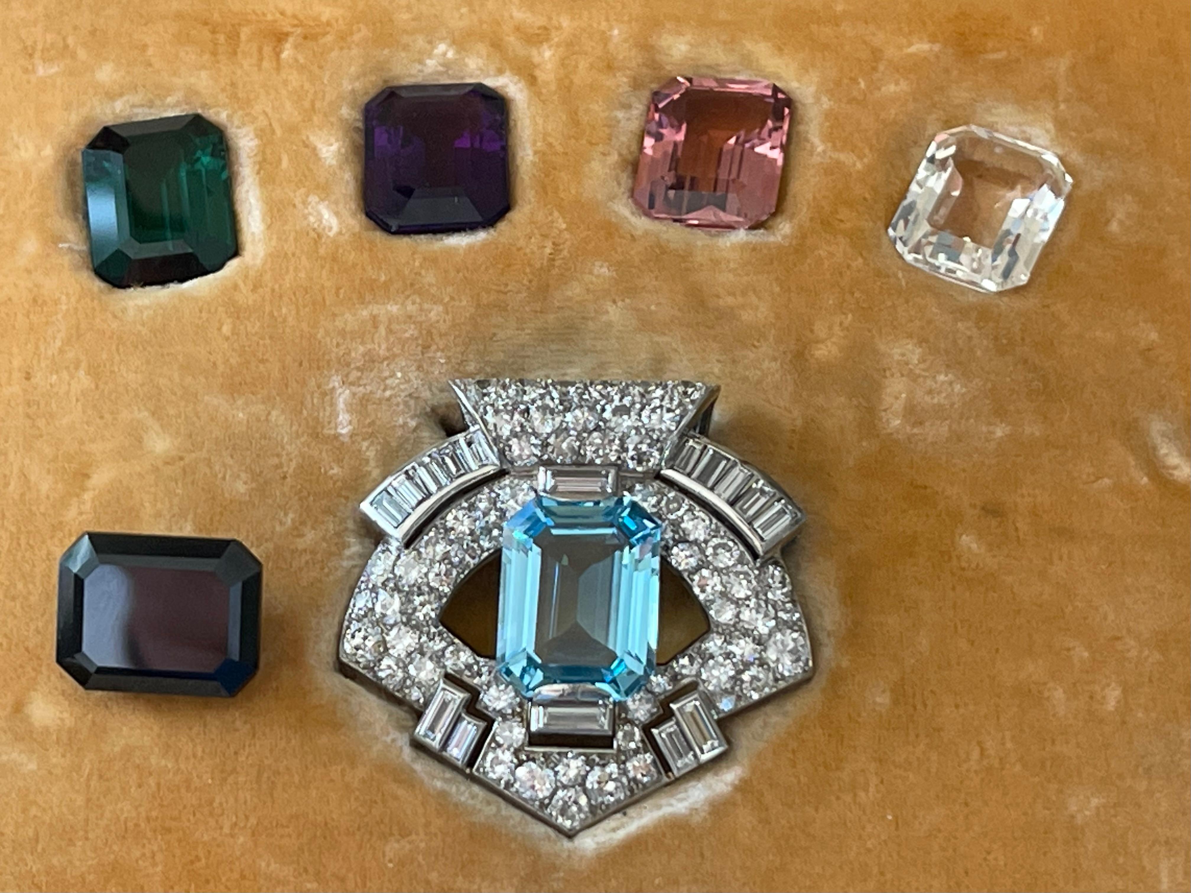 Women's or Men's Platinum Diamond Interchangeable Gemstone Art Deco Clip Brooch Arnold Ostertag For Sale
