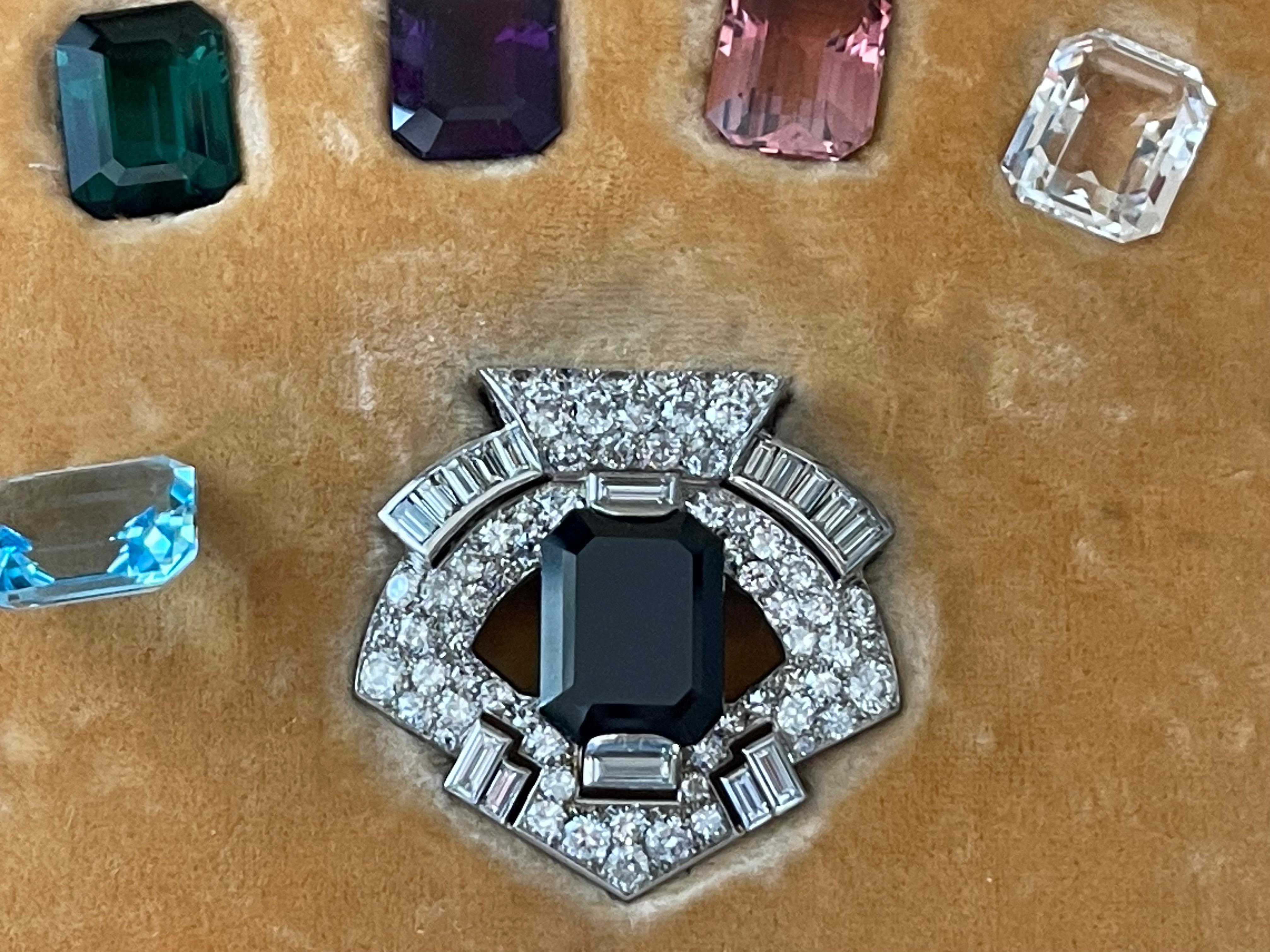 Platinum Diamond Interchangeable Gemstone Art Deco Clip Brooch Arnold Ostertag For Sale 1