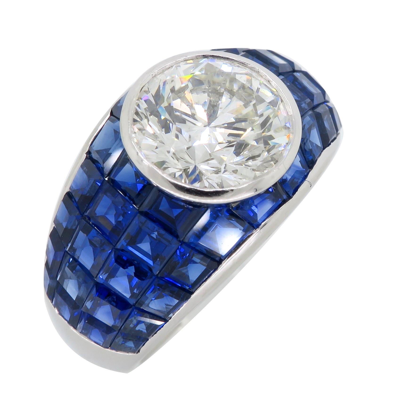 Ring aus Platin mit blauem Saphir und unsichtbar gefasstem Platin im Angebot 5