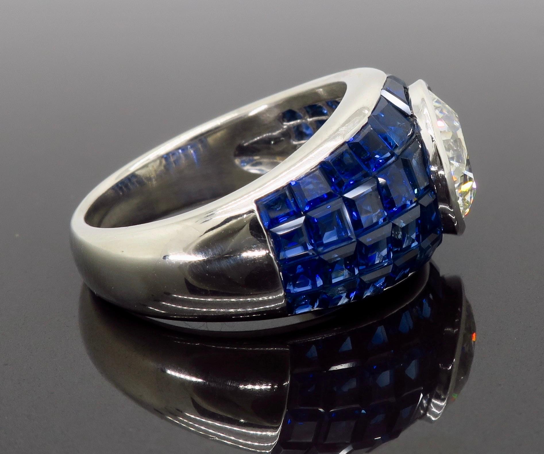 Round Cut Platinum Diamond and Invisible Set Blue Sapphire Ring For Sale