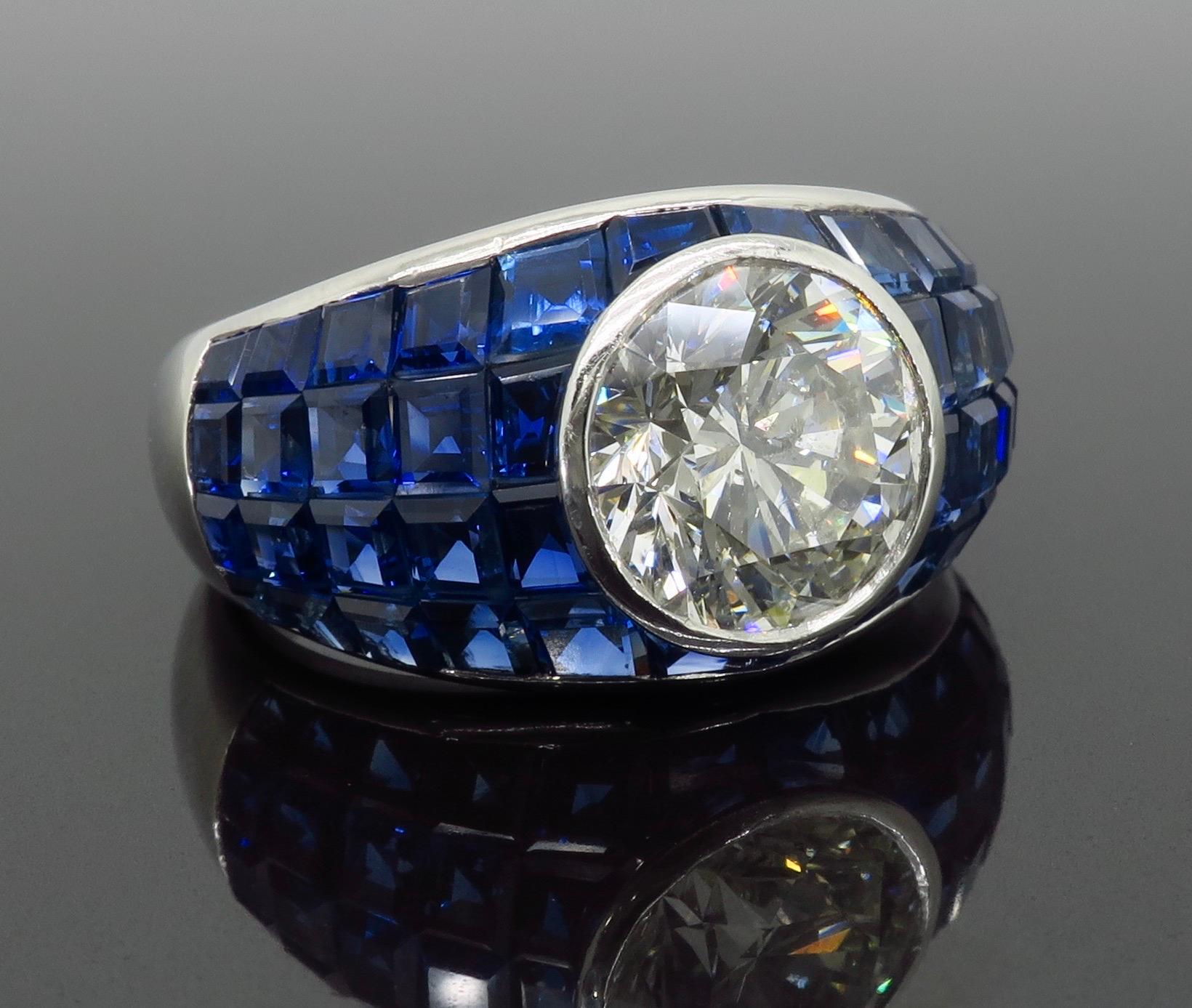 Platinum Diamond and Invisible Set Blue Sapphire Ring In Excellent Condition For Sale In Webster, NY