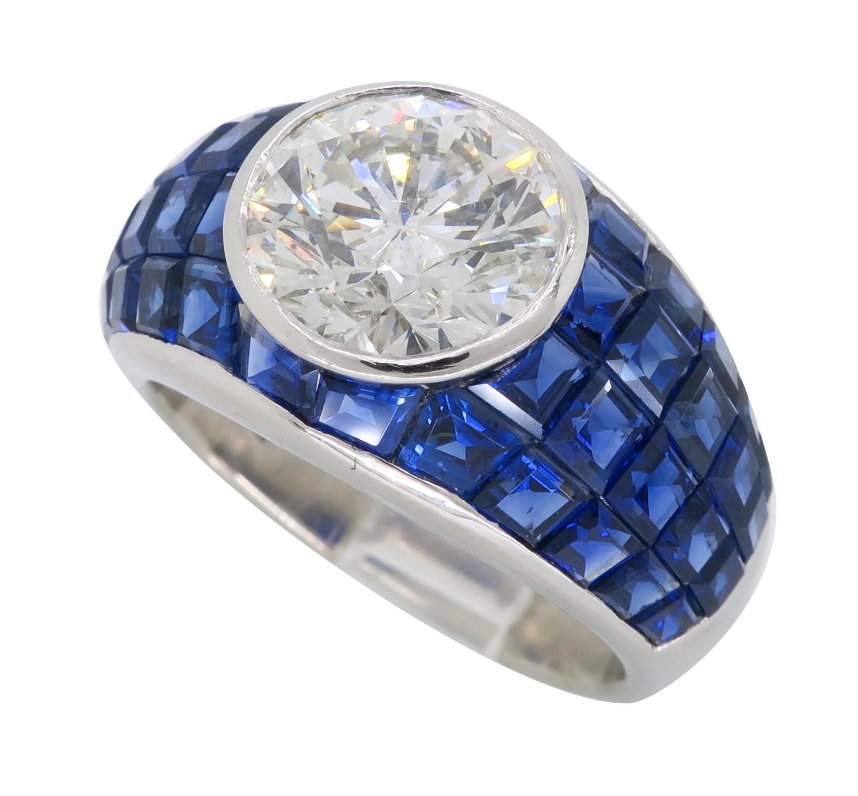 Platinum Diamond and Invisible Set Blue Sapphire Ring For Sale 1