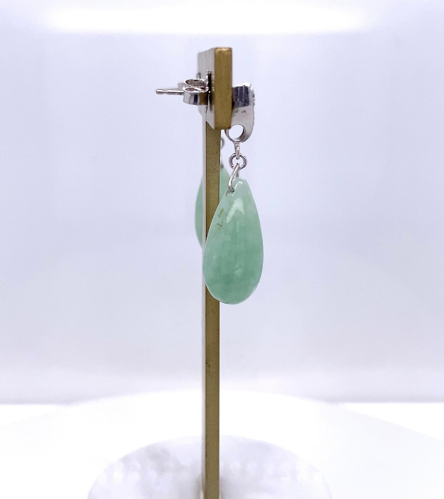 Square Cut Platinum, Diamond & Jadeite Art Deco Dangle Earrings For Sale
