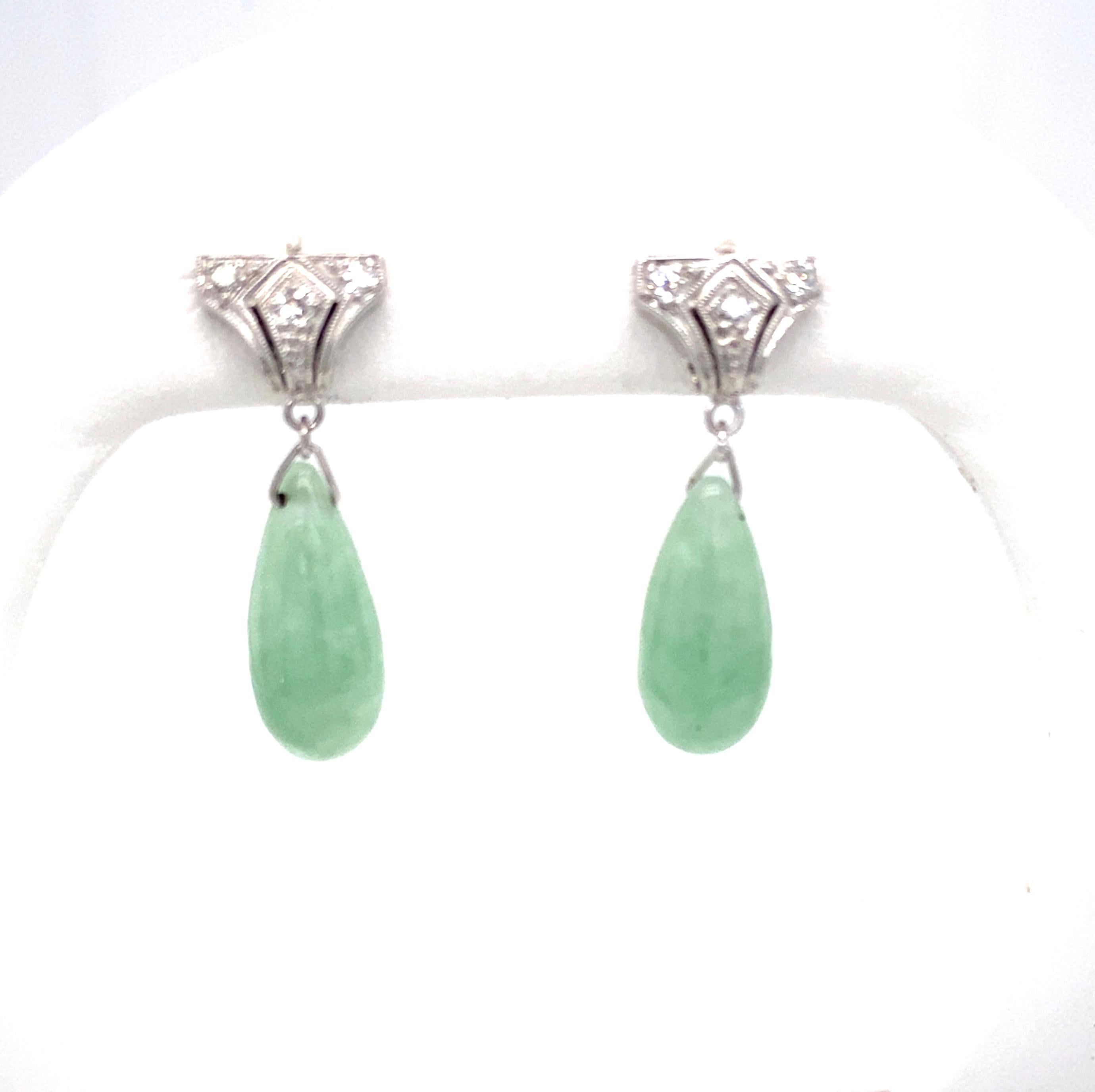 Women's Platinum, Diamond & Jadeite Art Deco Dangle Earrings For Sale