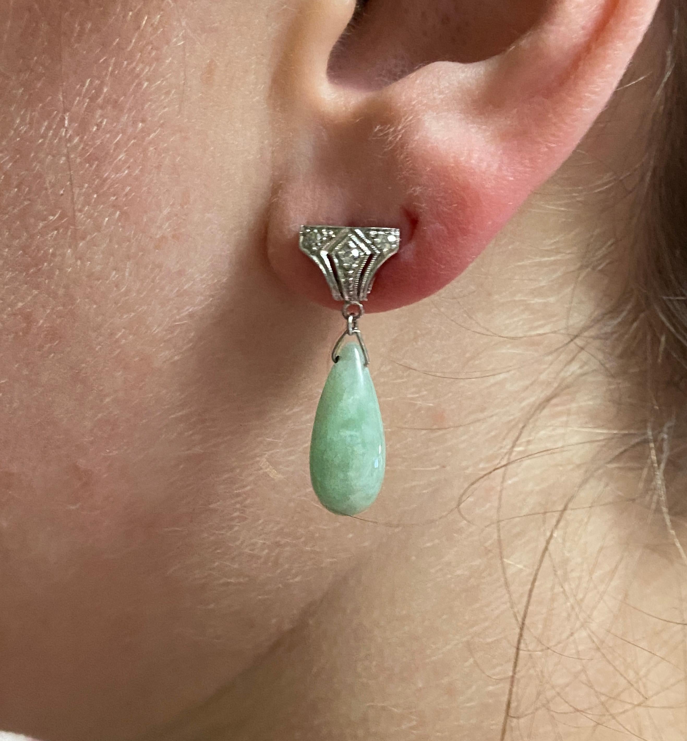 Platinum, Diamond & Jadeite Art Deco Dangle Earrings For Sale 3