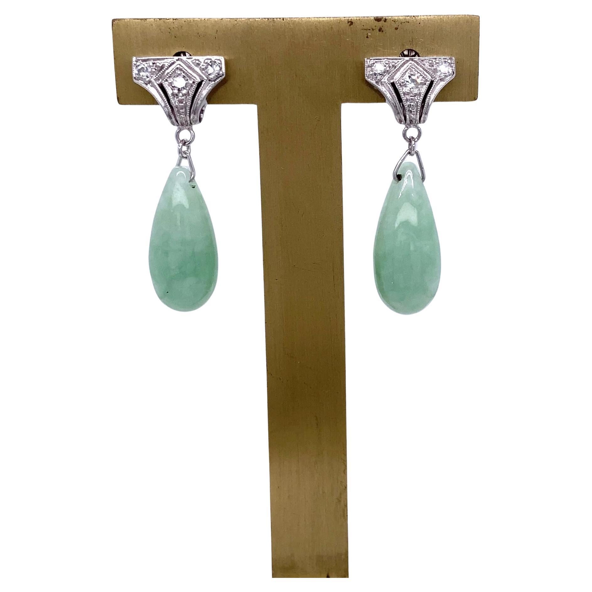 Platinum, Diamond 
Jadeite Art Deco Dangle Earrings For Sale