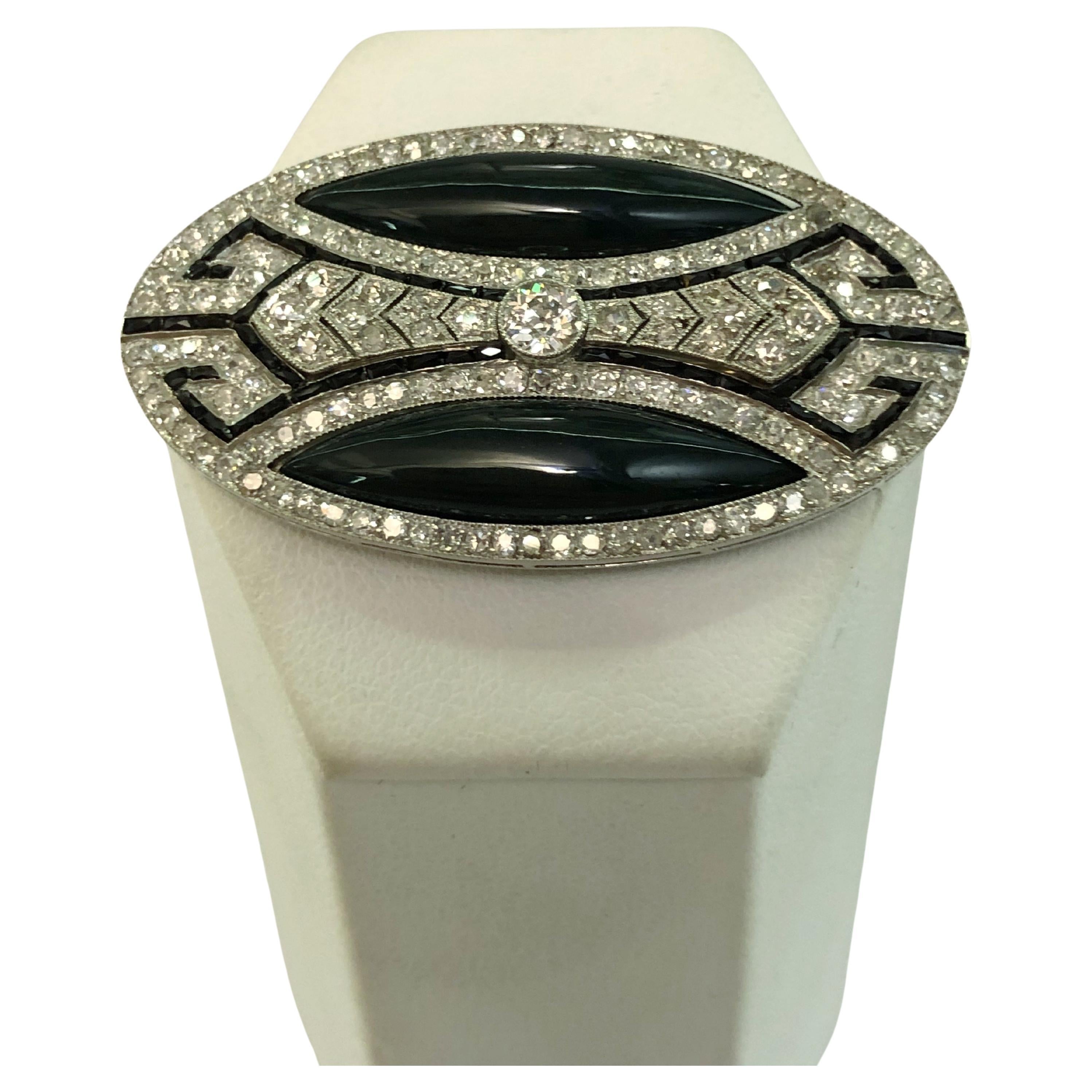 Platinum Diamond Jasper and Onyx Brooch