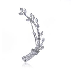 Platinum Diamond Leaf Brooch with Marquise, Baguette and Brilliant-Cut Diamonds
