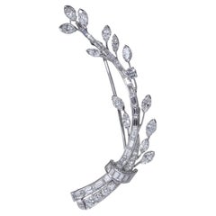 Platinum Diamond Leaf Brooch with Marquise, Baguette and Brilliant-Cut Diamonds