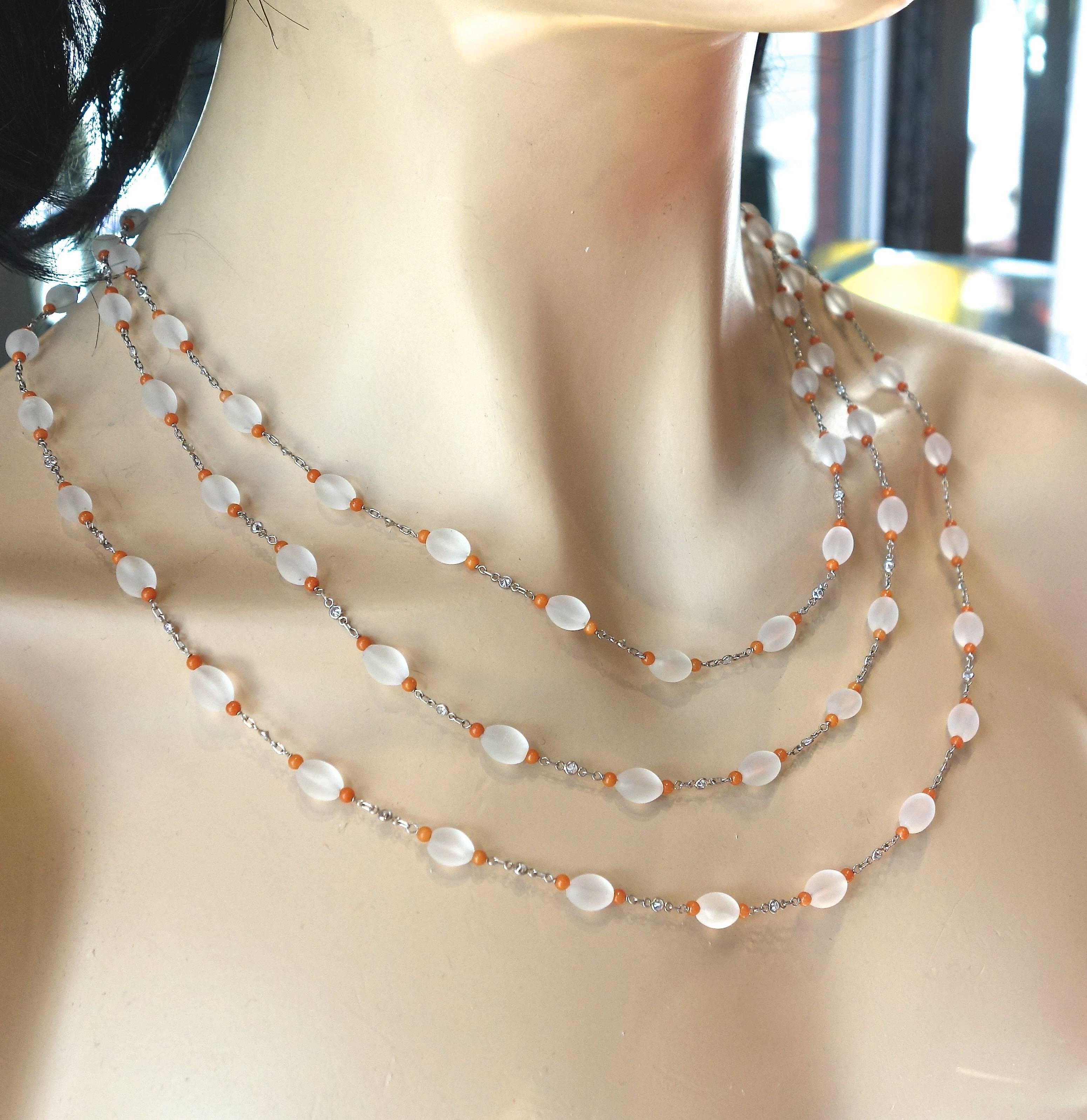Contemporary Platinum, Diamond Long Necklace Accented with Orange Enamel Beads For Sale