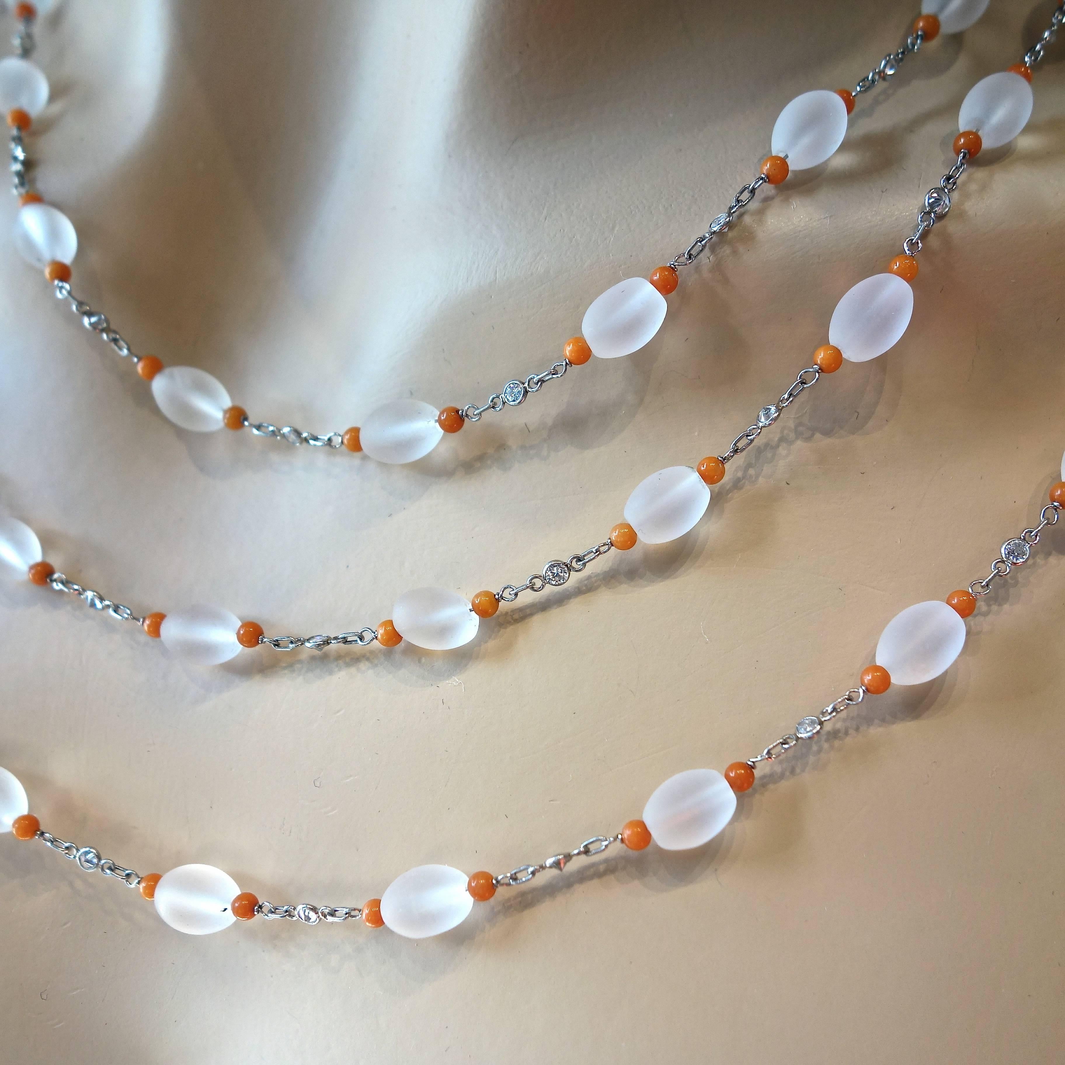 Brilliant Cut Platinum, Diamond Long Necklace Accented with Orange Enamel Beads For Sale