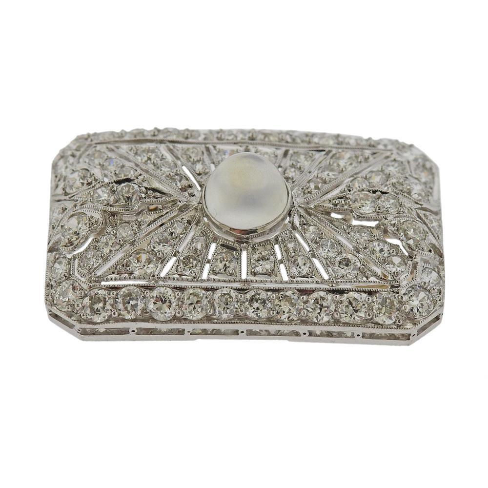 Art Deco Platinum Diamond Moonstone Pendant Brooch For Sale