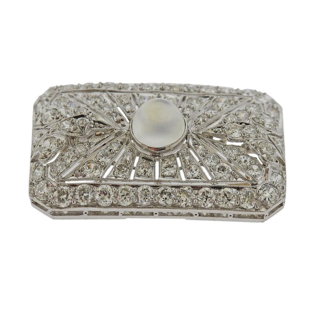 Broche Colgante Platino Diamante Piedra de Luna Art Decó en venta