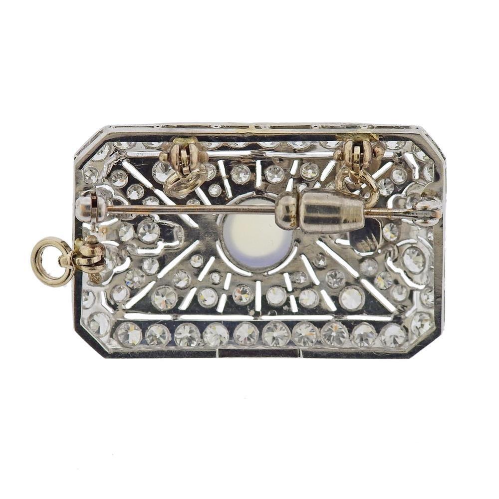 Platinum Diamond Moonstone Pendant Brooch In Excellent Condition For Sale In New York, NY