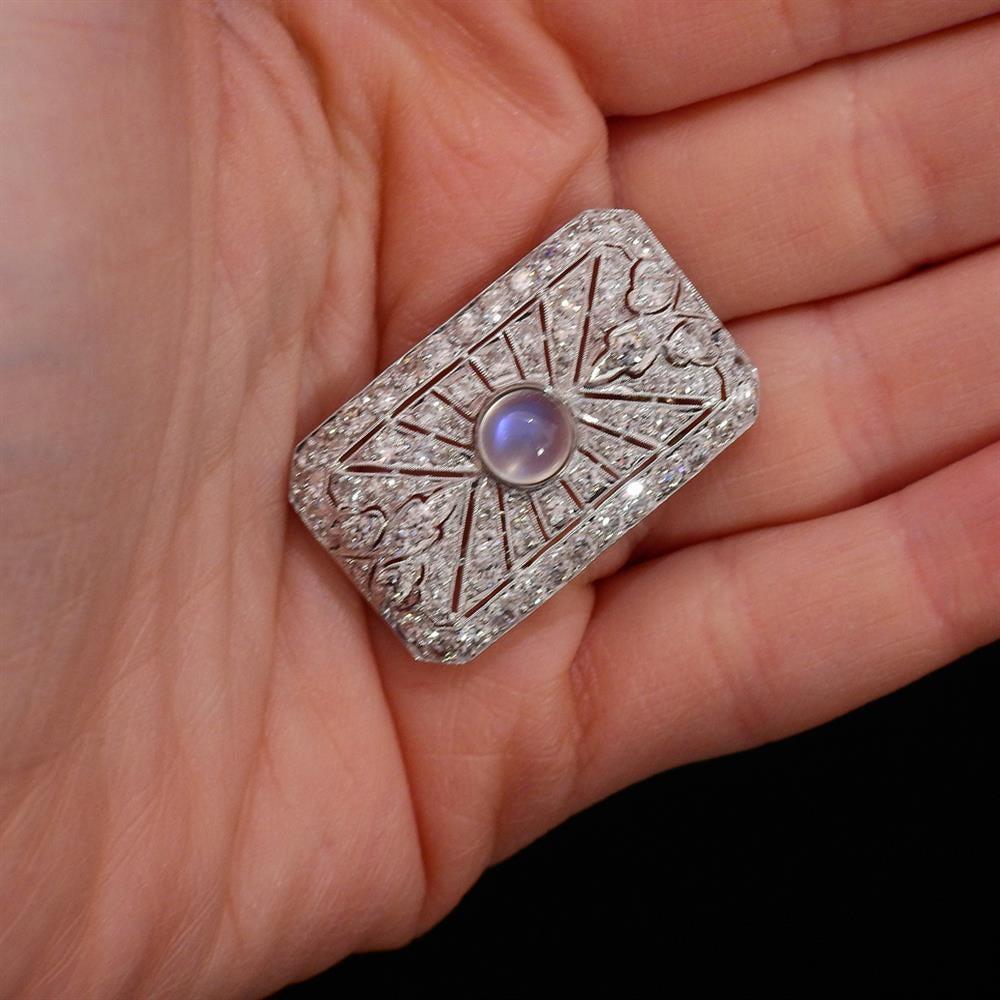 Women's Platinum Diamond Moonstone Pendant Brooch For Sale