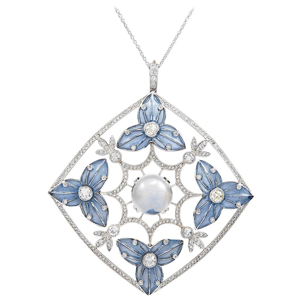 Platinum Diamond, Moonstone Pendant-Necklace