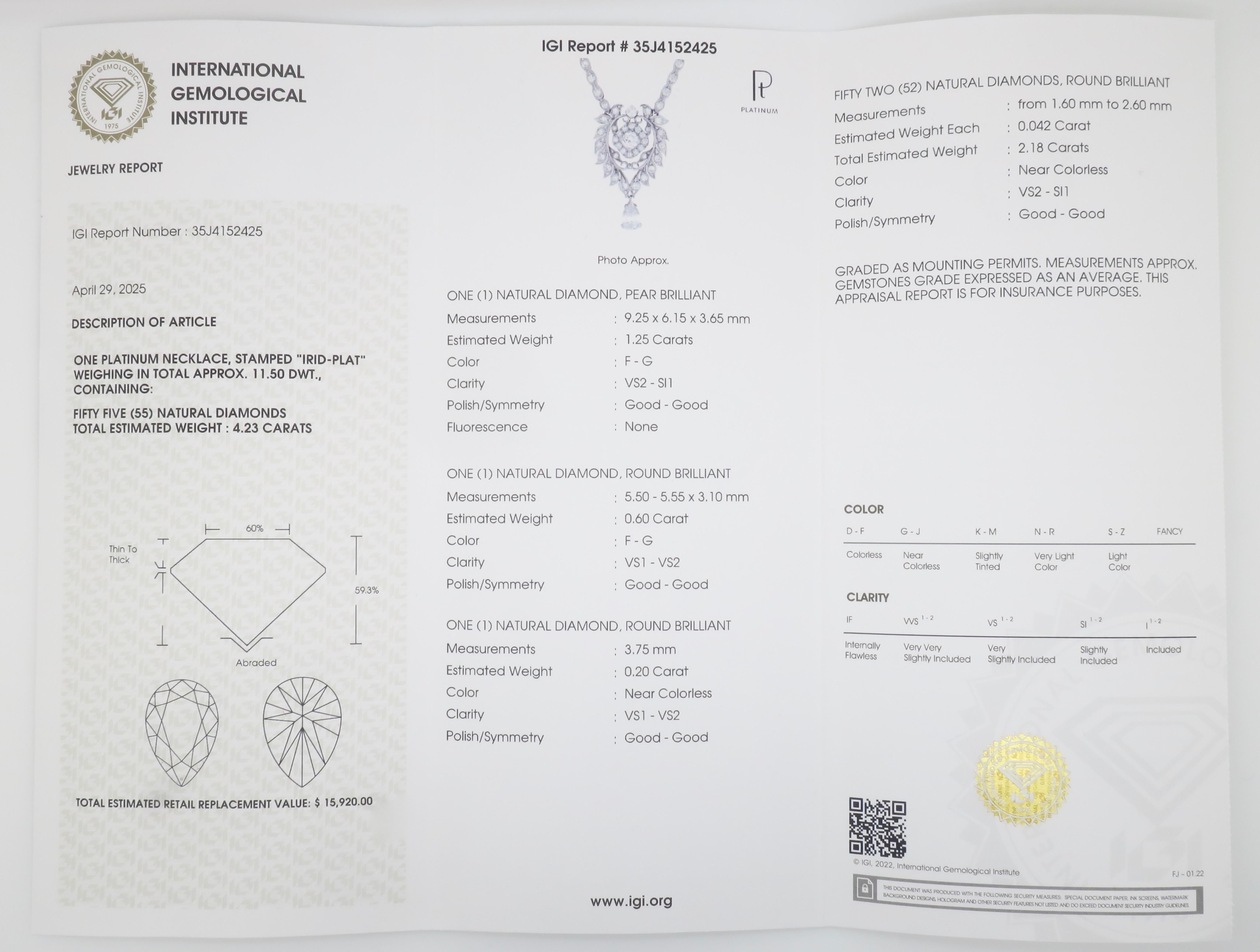 Collana di diamanti in platino con 4,23 carati di diamanti, certificati dall'IGI in vendita 5