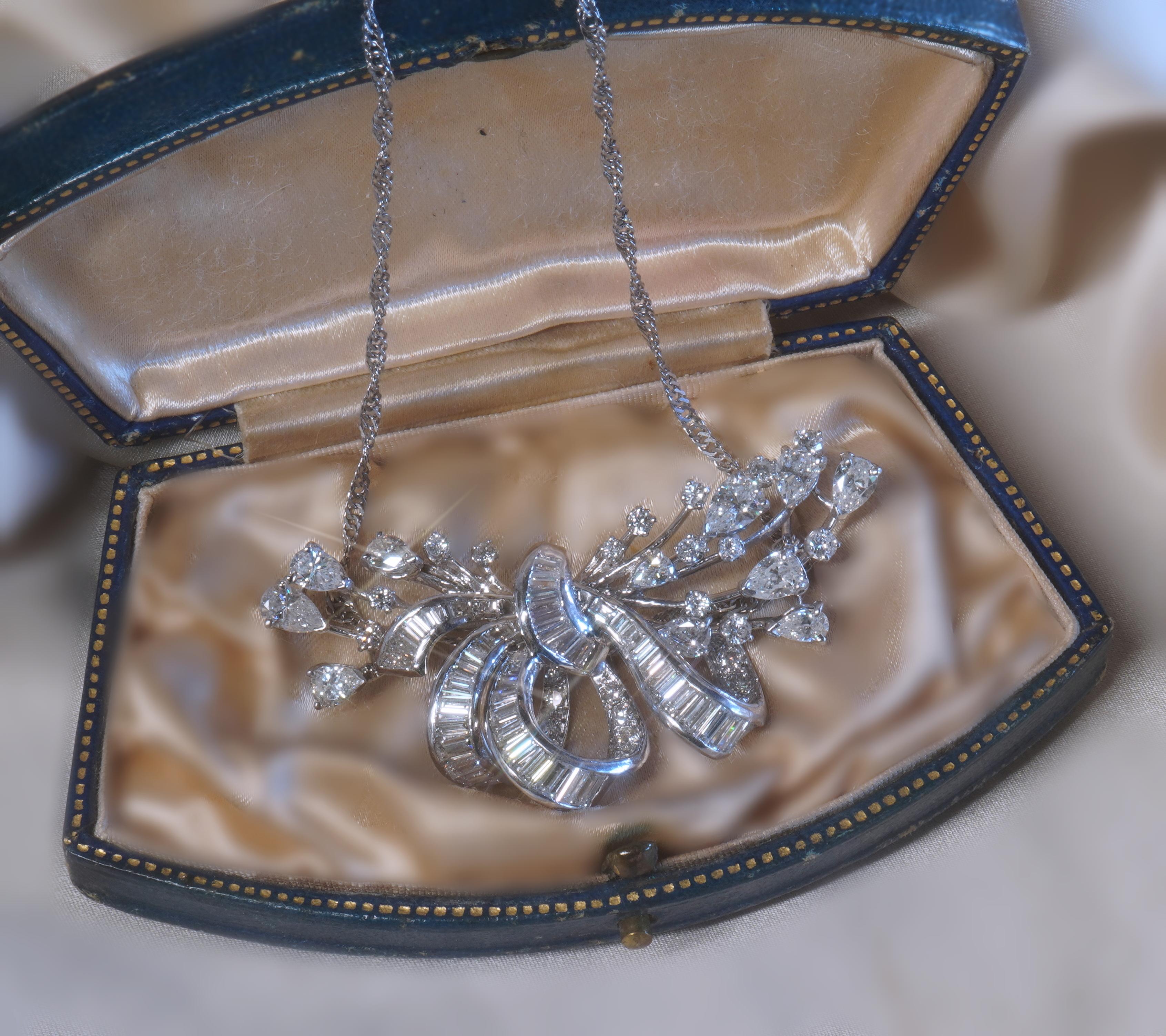Old South Jewels proudly presents....BREATHTAKING PLATINUM 10.04 CARAT DIAMOND VINTAGE PENDANT & CHAIN!   Very Fine White VS Sparkling Big Diamonds!

Sparkling VS White Diamonds Solid Platinum Solid Pendant & Chain.  Valuable Huge Heirloom Statement
