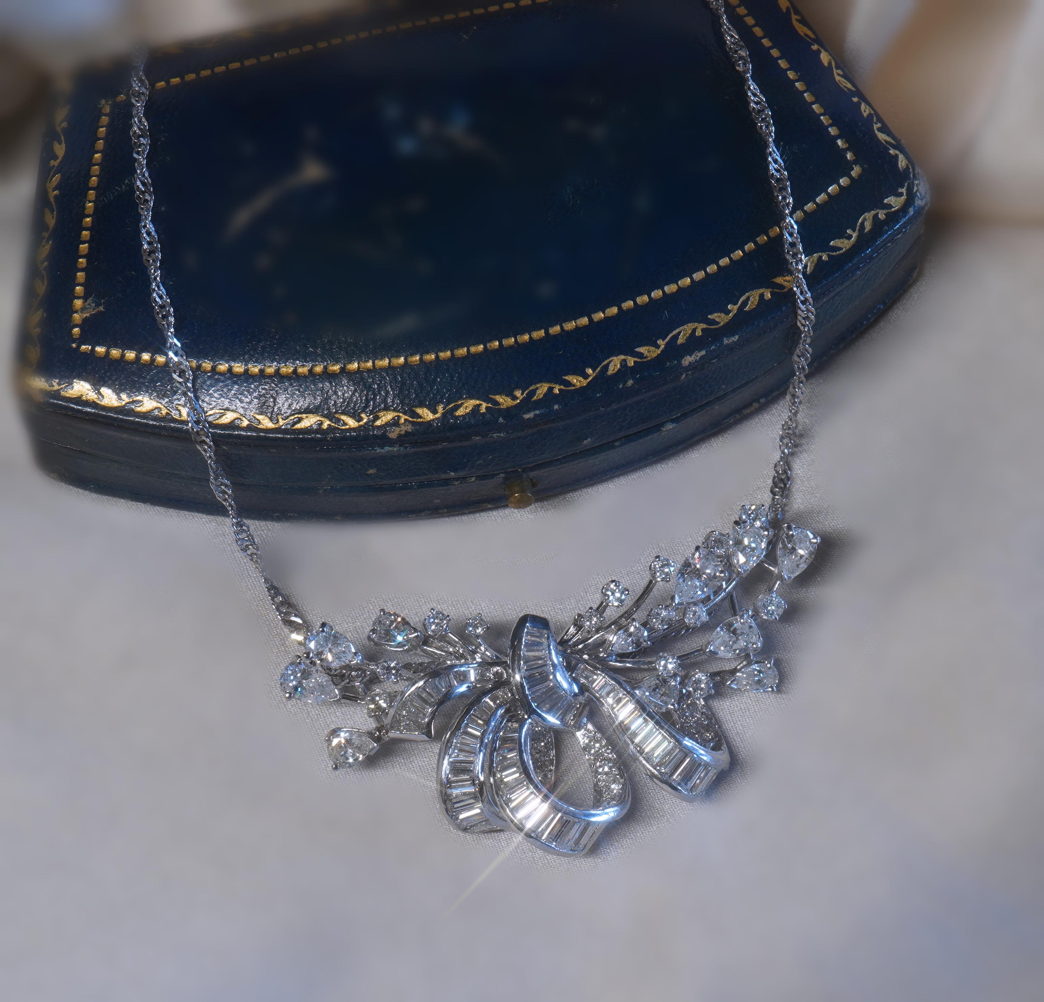 Women's Platinum Diamond Necklace Vintage Pendant Chain Fine Antique VS Huge 10.04 Carat For Sale