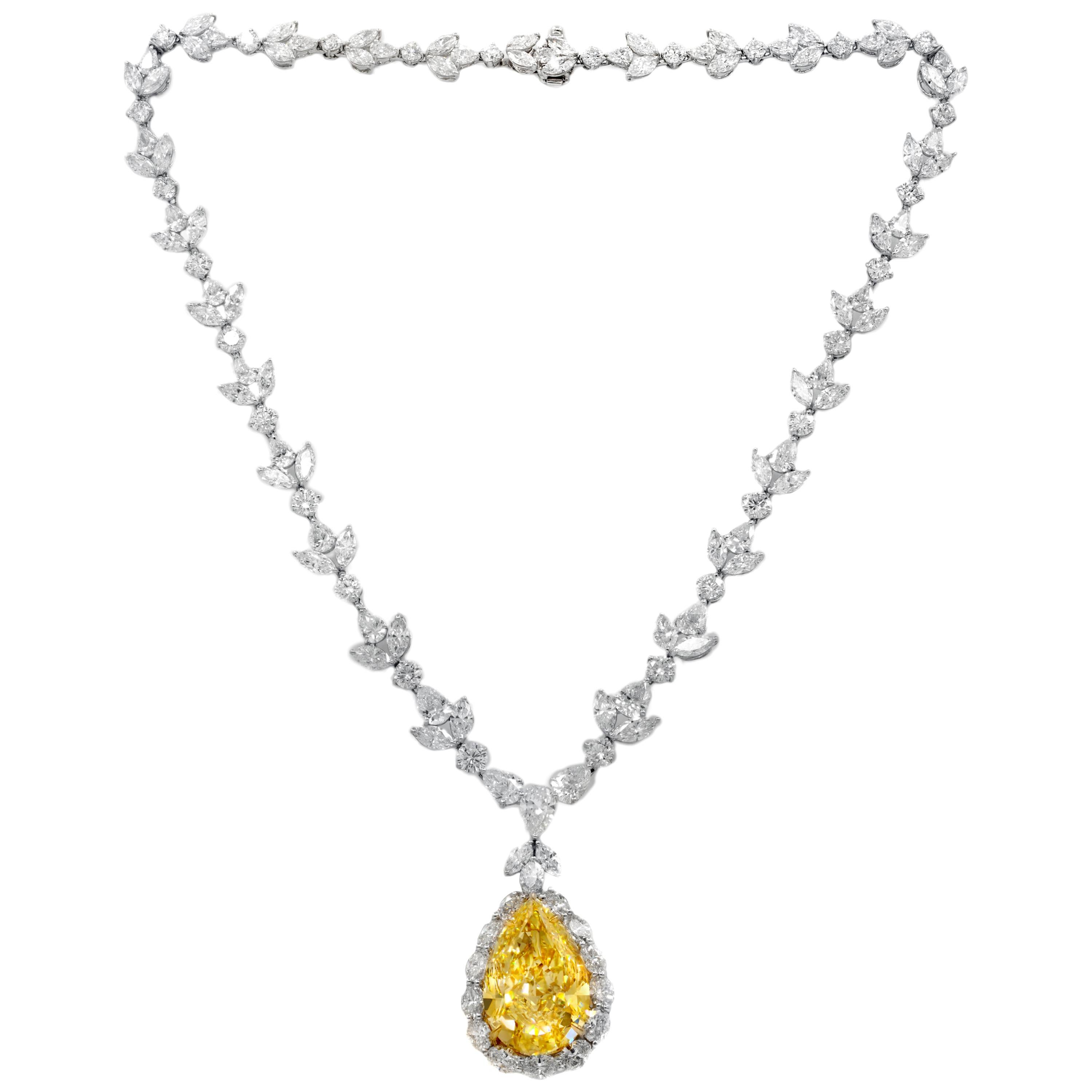 Platinum Diamond Necklace with Fancy Intense vivd Yellow Pear Shape For Sale