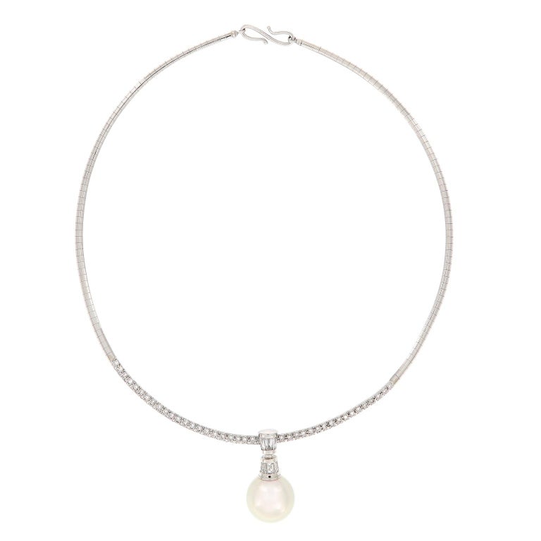Platinum Diamond Omega Necklace with Detachable South Sea Pearl Diamond