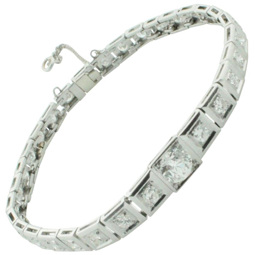 Platinum Diamond One Carat Center Tennis Bracelet circa 1940s 3.40 Carat