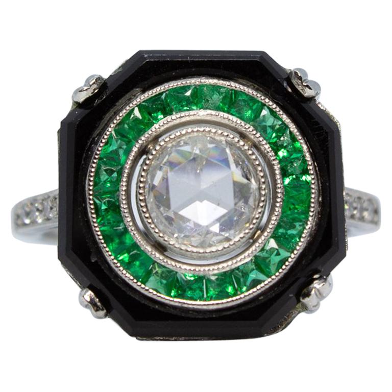 Platinum Diamond, Onyx and Emerald Ring