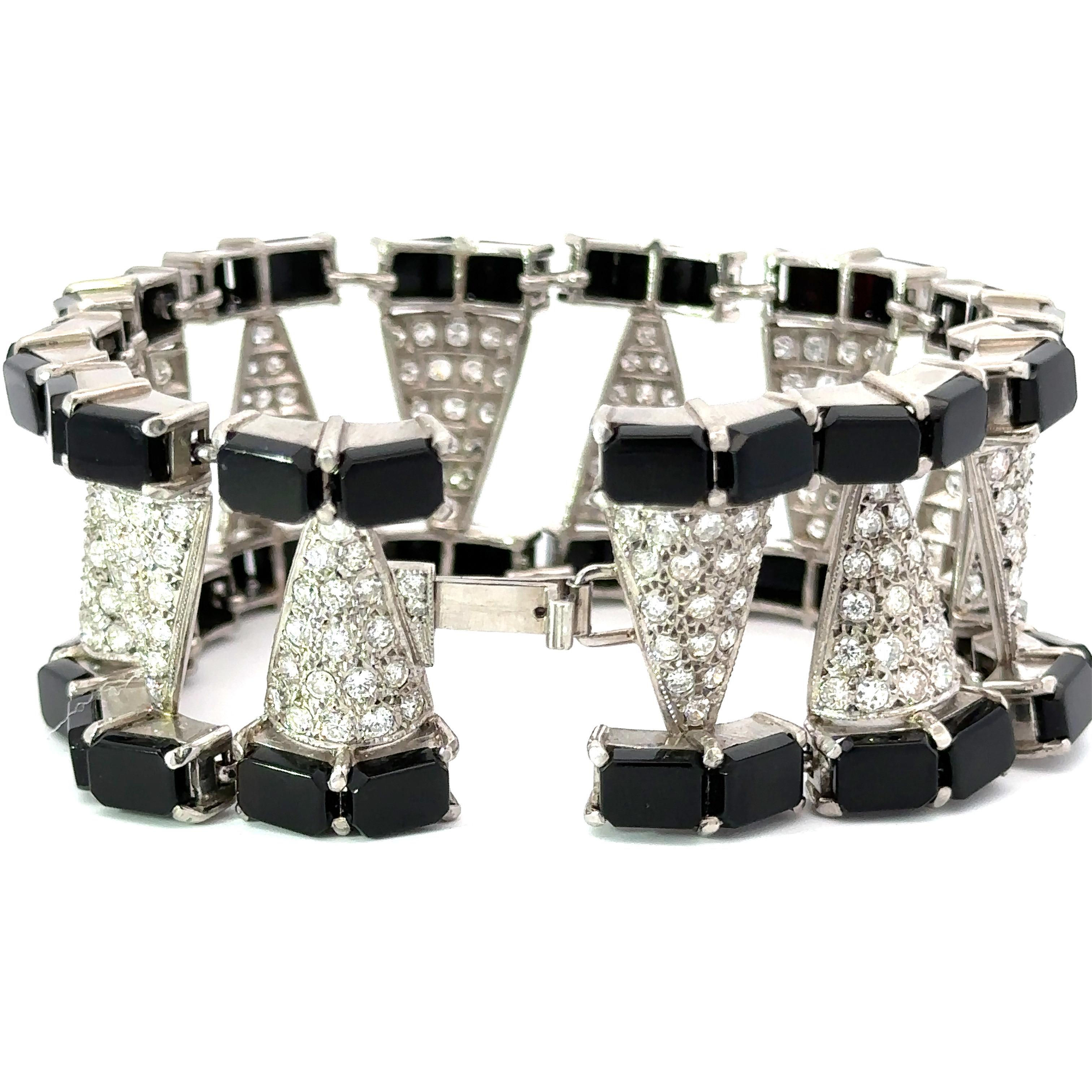 Art Deco Platinum Diamond & Onyx Bracelet For Sale
