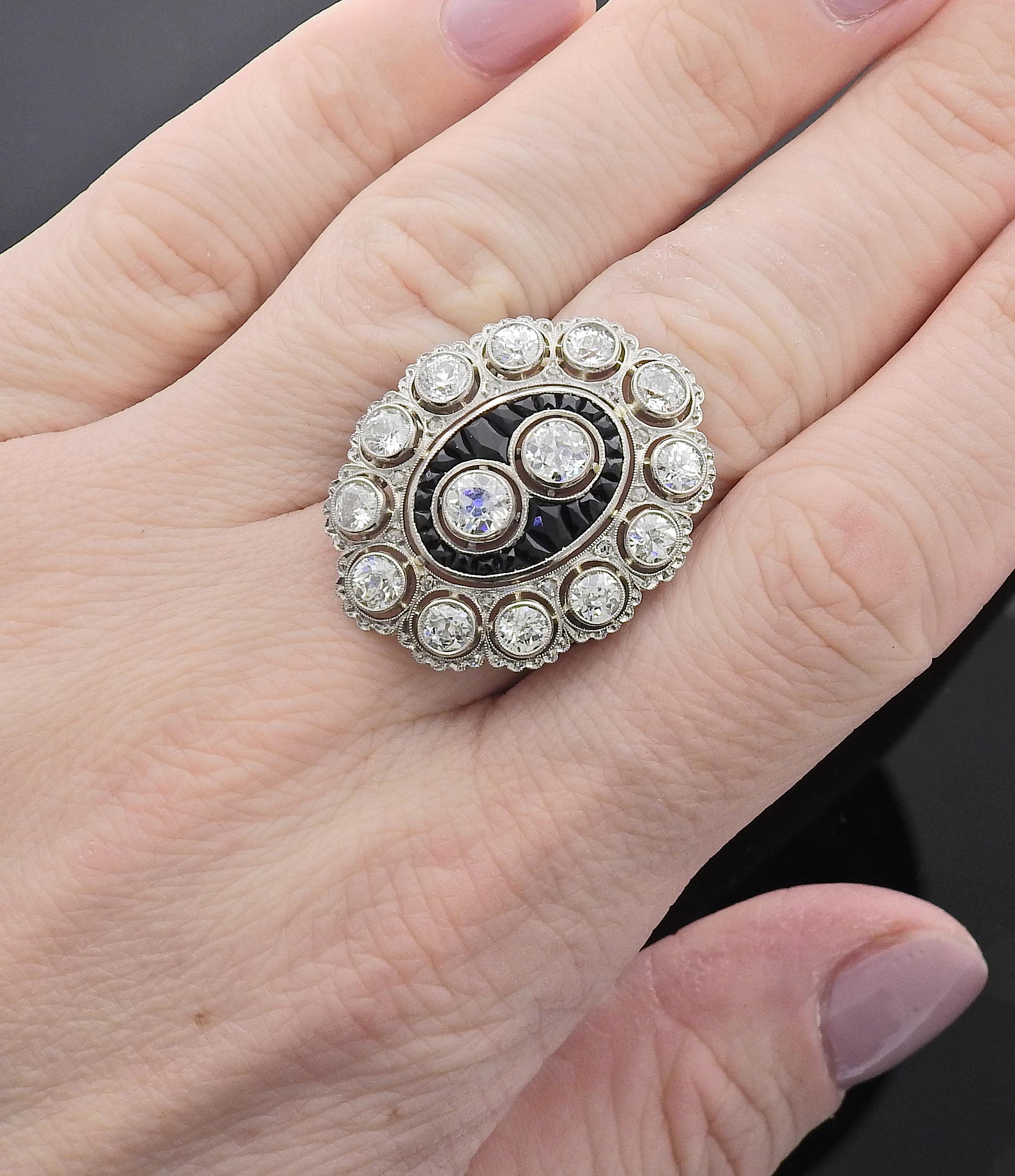 Platinum Diamond Onyx Cocktail Ring In Excellent Condition For Sale In Lambertville, NJ