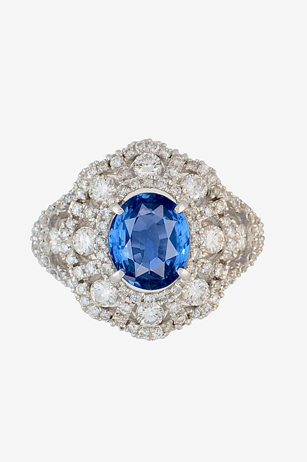 DeKara Design Collection 

Metal- 90% Platinum, 10% Iridium.

Stones- No Heat Oval Burma Blue Sapphire 2.80 Carats, 141 Round Diamonds G-H Color VS2- SI1 Clarity 1.38 Carats. 

Size- 6.  FREE SIZING!!!!

Ring Currently With GIA For  GIA Sapphire