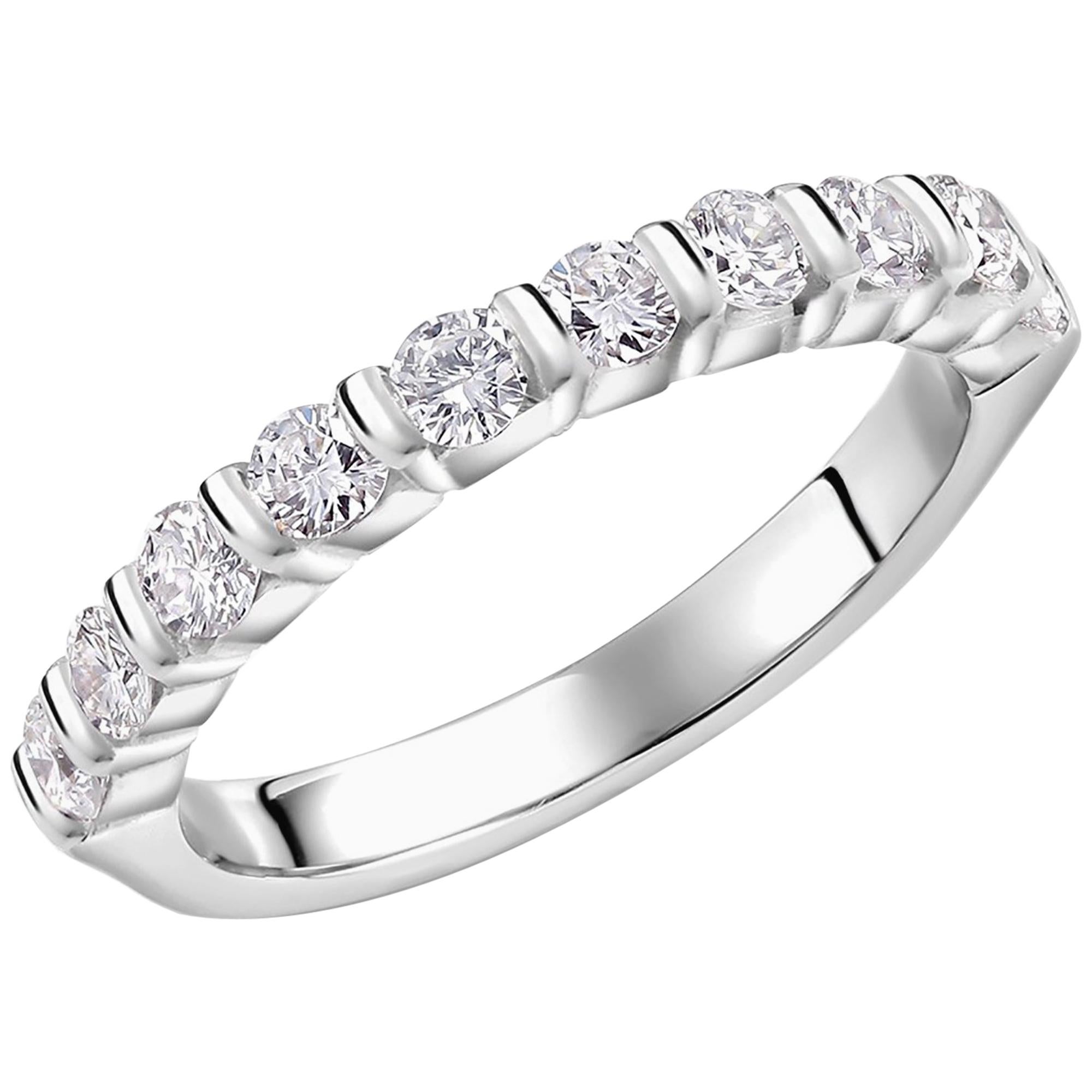 Platinum bar-set diamond partial wedding or anniversary ring 
Diamond weighing 0.60 carat
Ten stone band
Diamond quality G VS
New Ring
Ring size 6 In Stock
The ring can be resized
Handmade in the USA 


