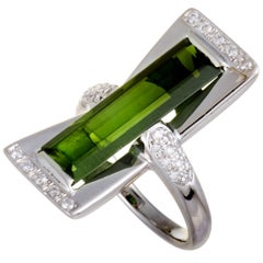 Platinum Diamond Pave and Green Tourmaline Long Rectangle Ring